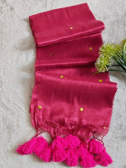 Rani pink Shimmer Tissue Saree With Chumki