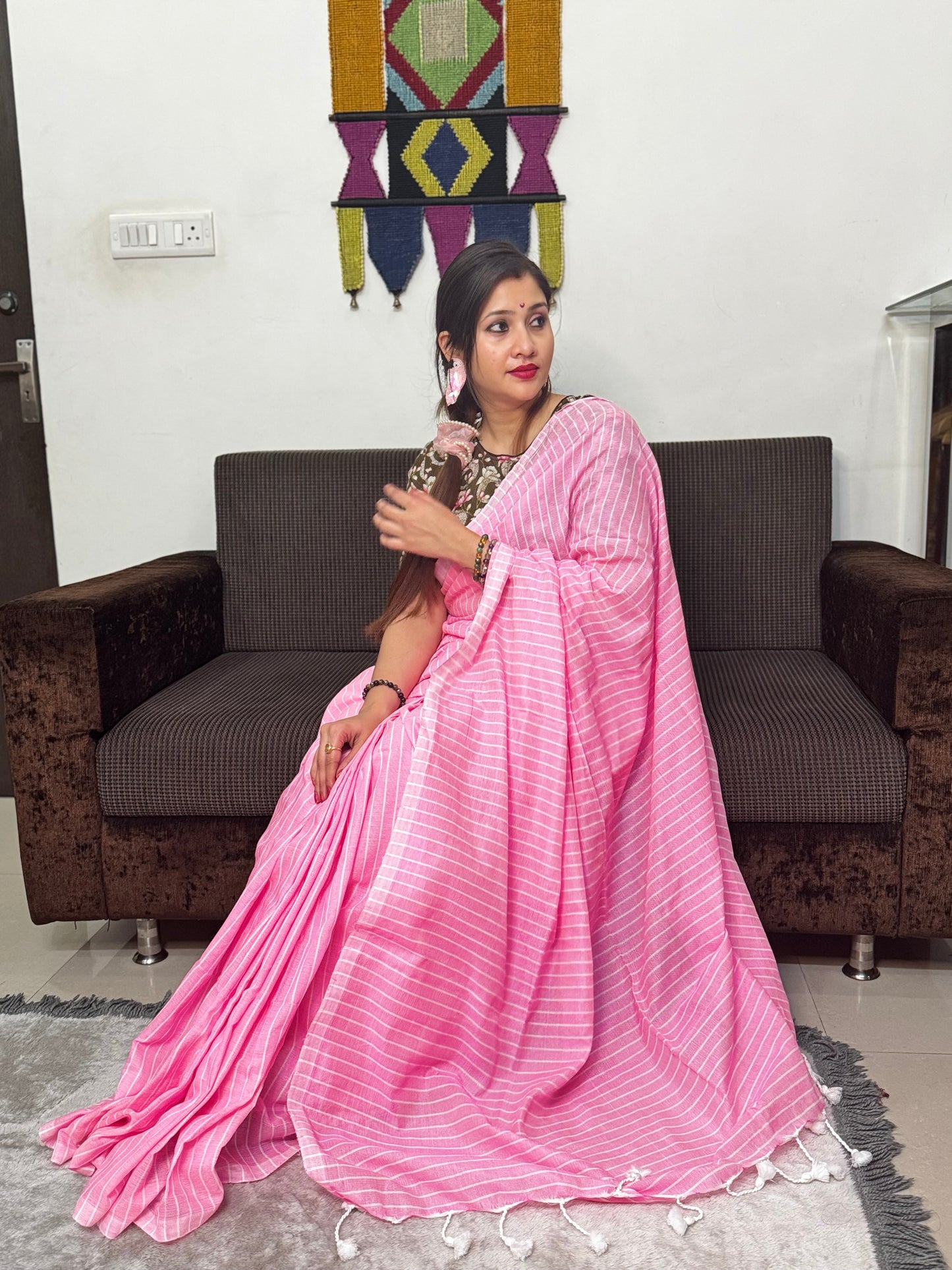 Pink Striped Cotton Saree