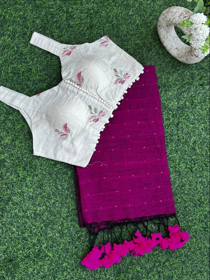 Purple Sequin Mul Cotton Saree + khadi Cotton Blouse