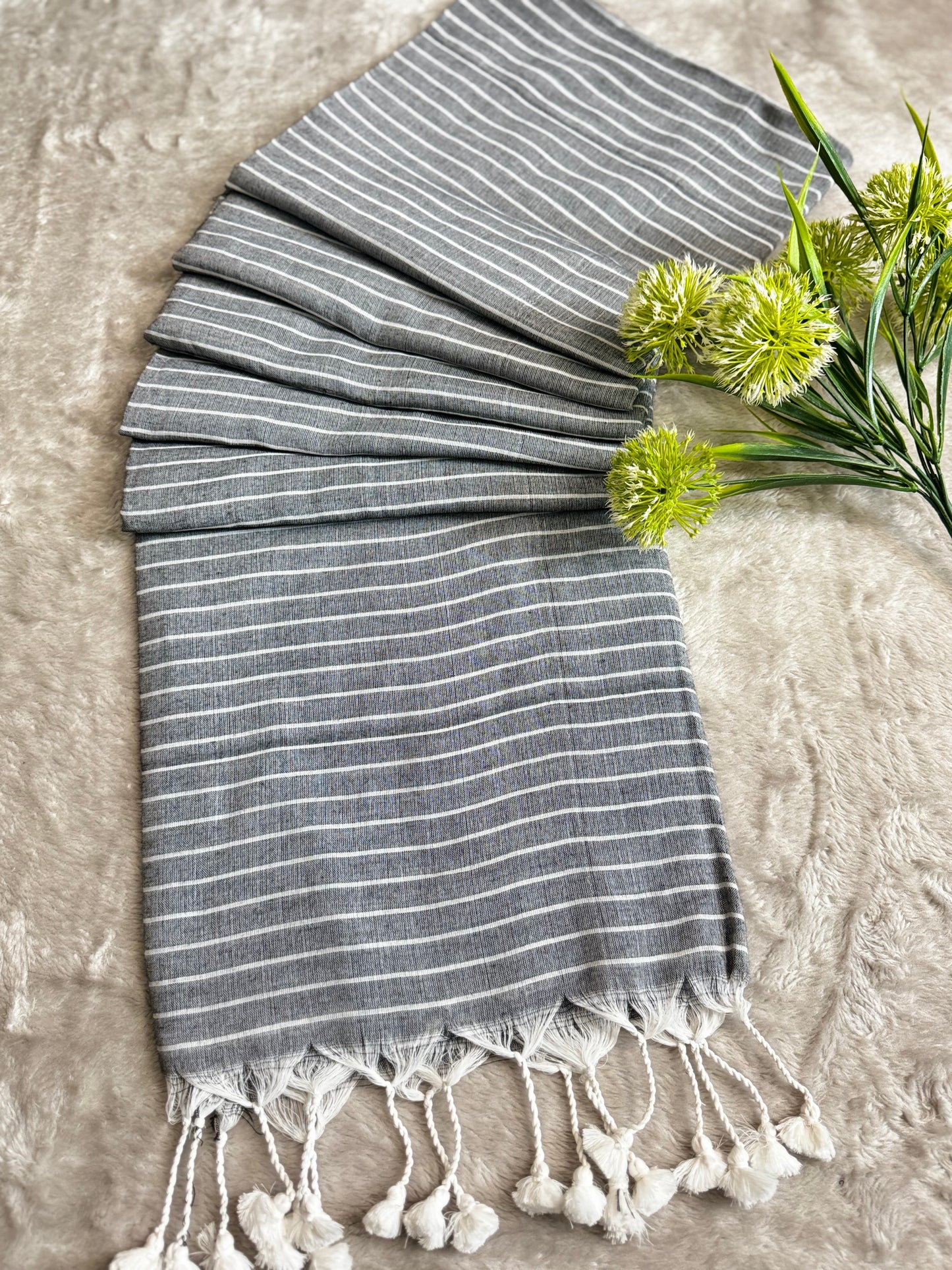 Grey Striped Cotton Saree
