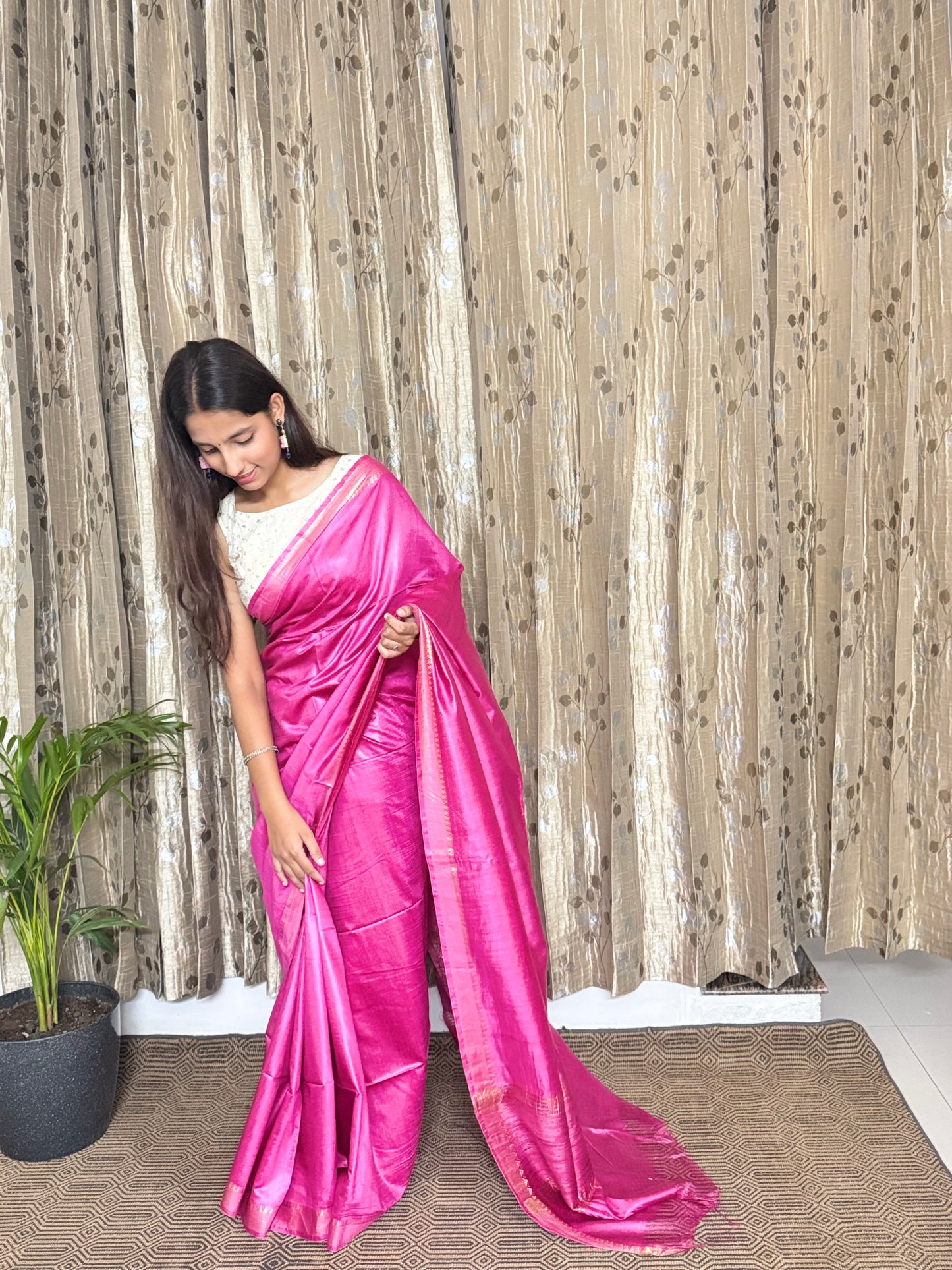 Pink Pure Tussar Moonga Silk Saree
