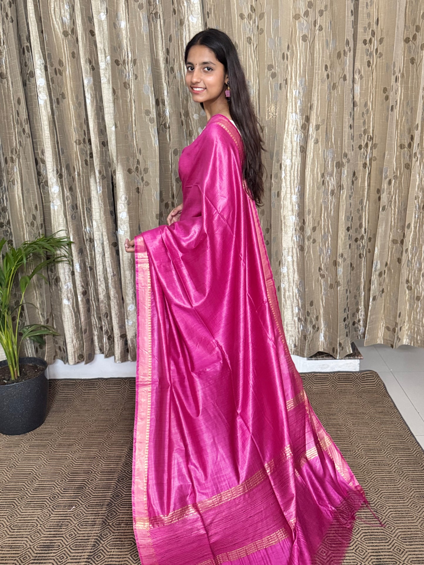 Pink Pure Tussar Moonga Silk Saree