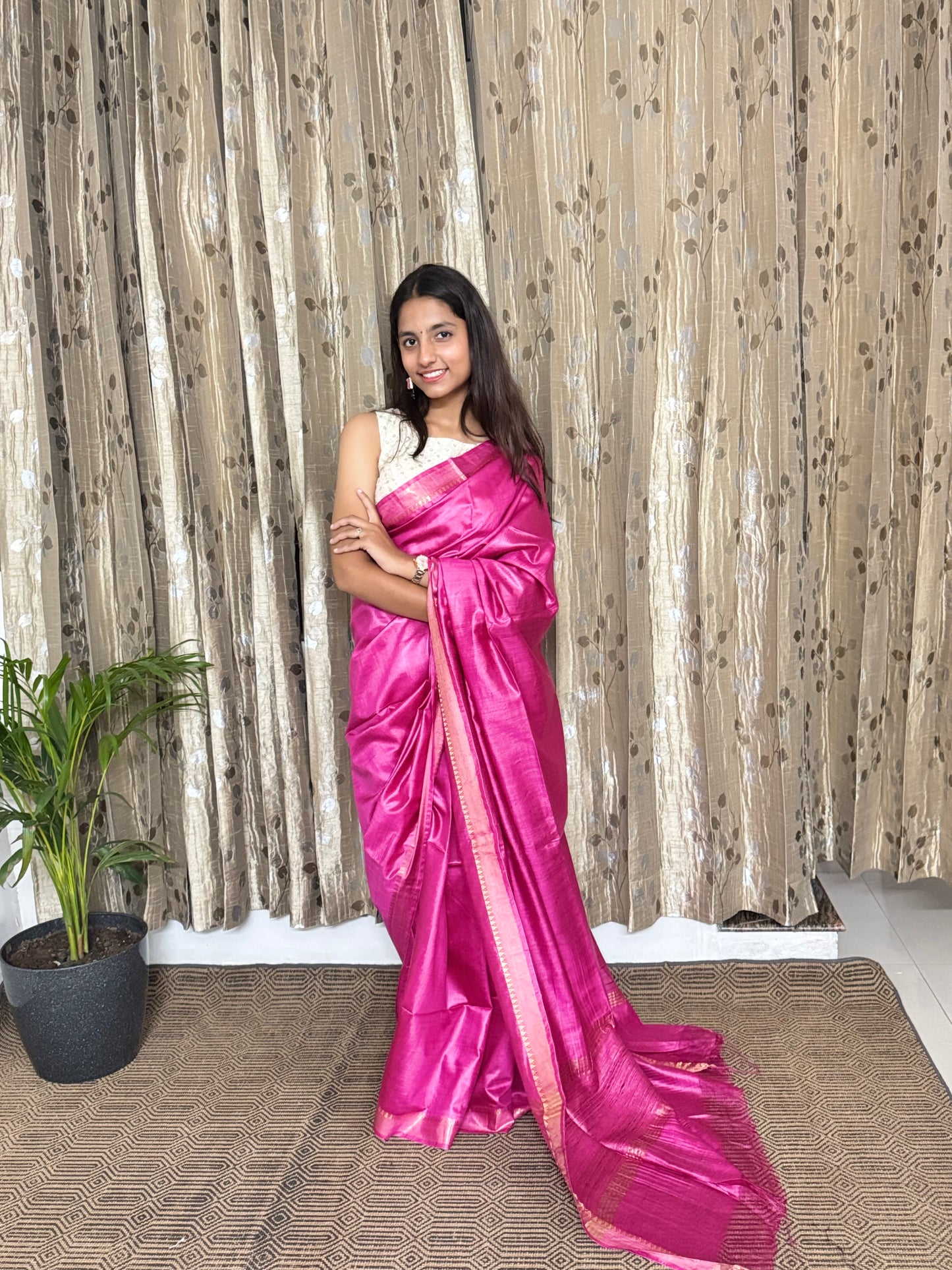 Pink Pure Tussar Moonga Silk Saree