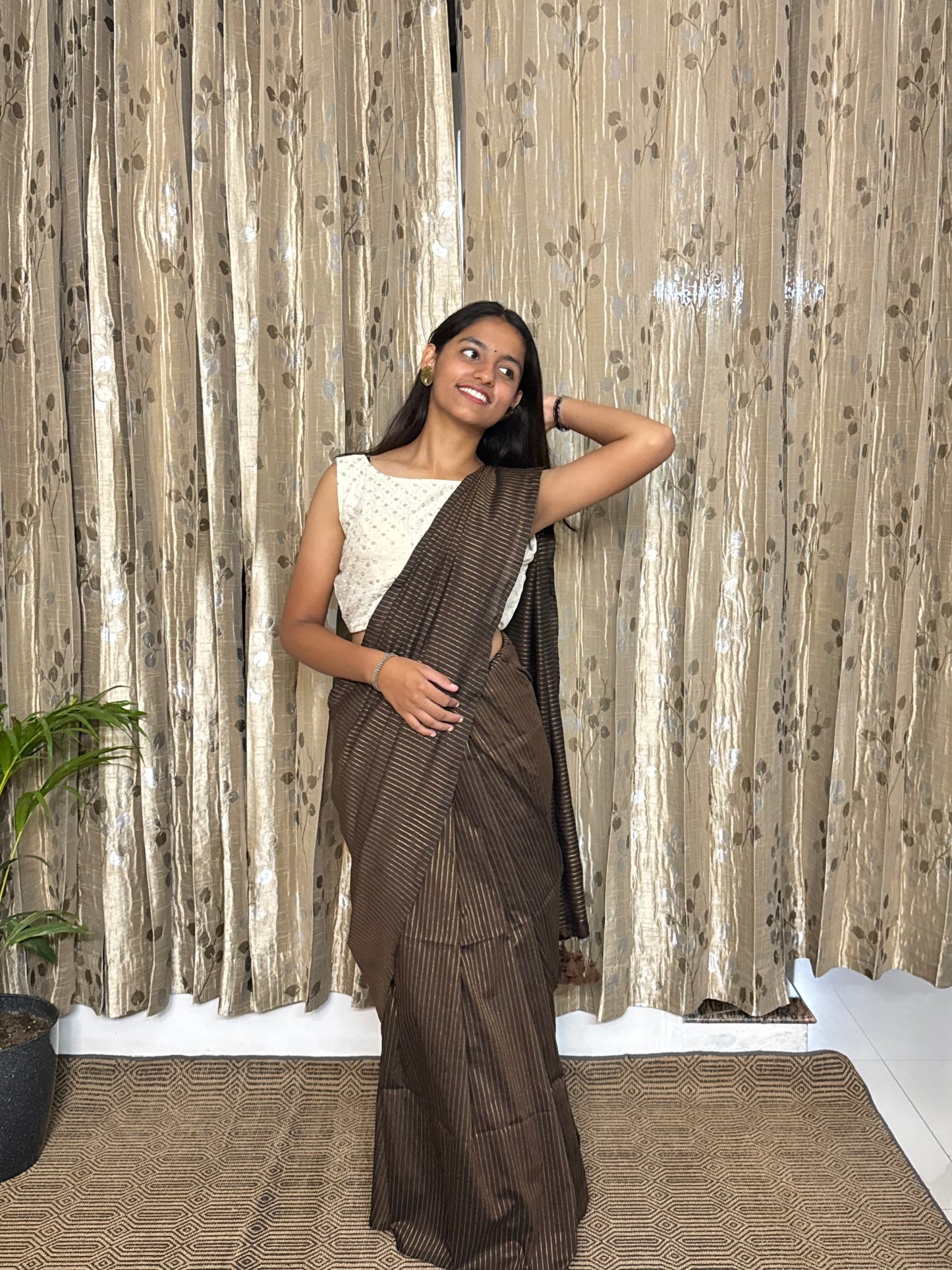 Brown Striped Cotton Saree (width)