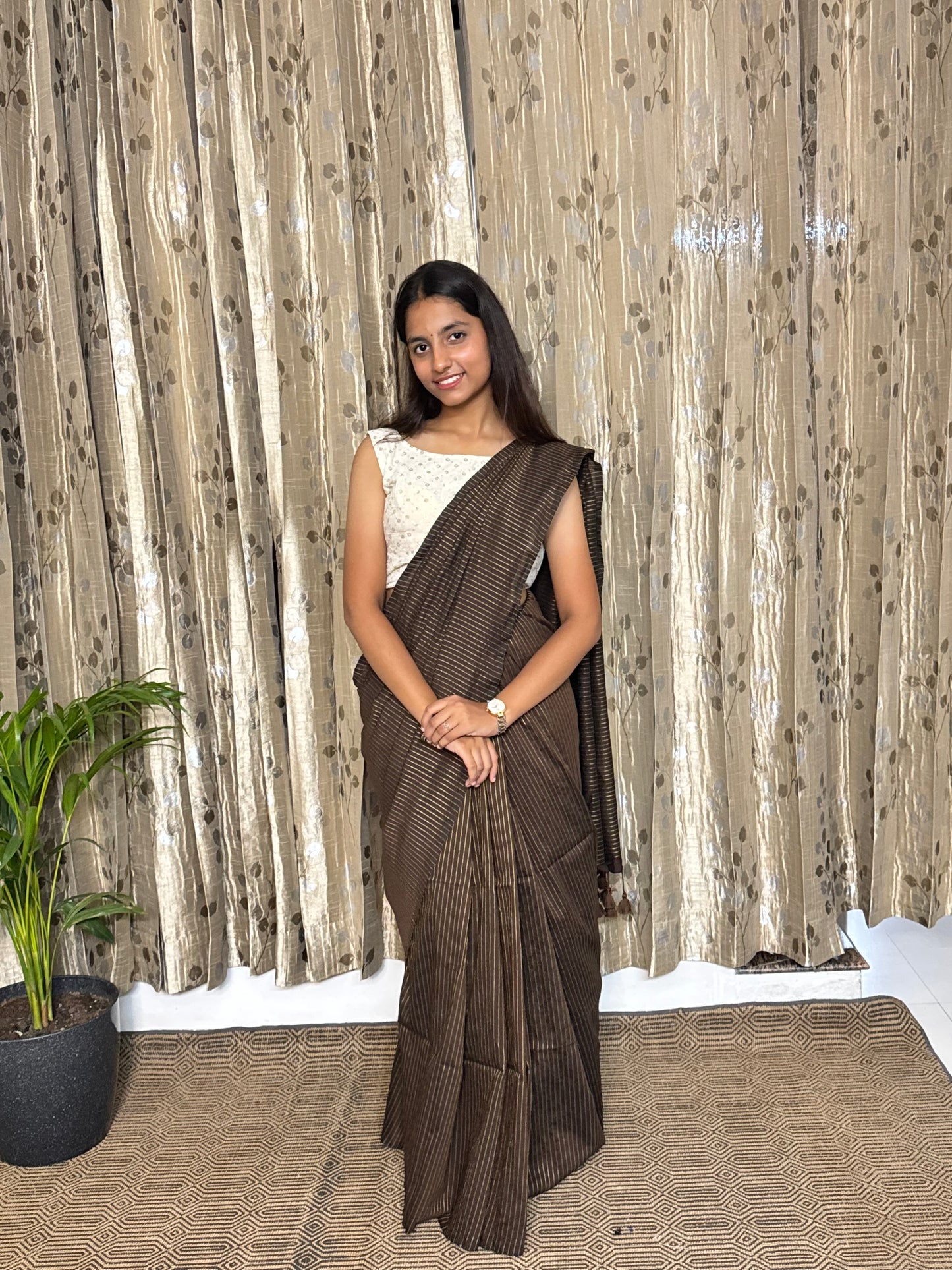 Brown Striped Cotton Saree (width)