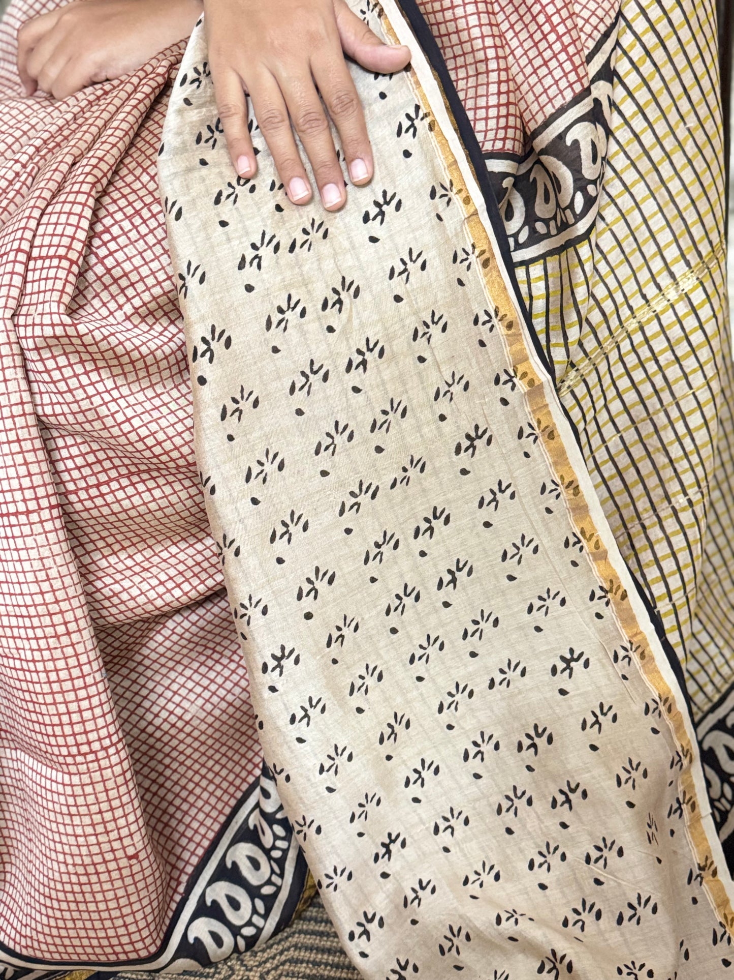 Beige Checked Chanderi Silk Cotton Saree