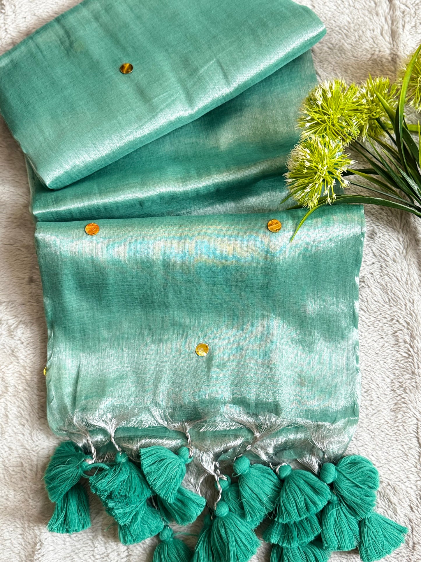 Teal Shimmer Tissue Saree With Chumki