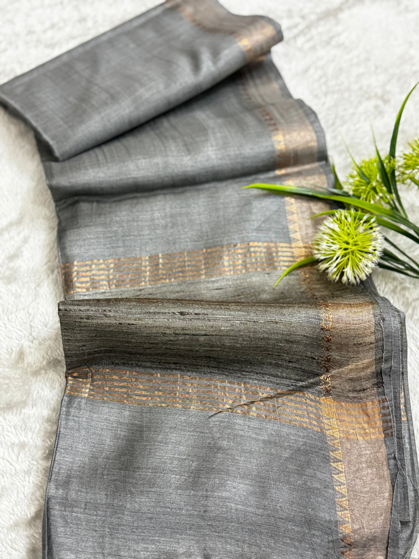 Grey Pure Tussar Moonga Silk Saree