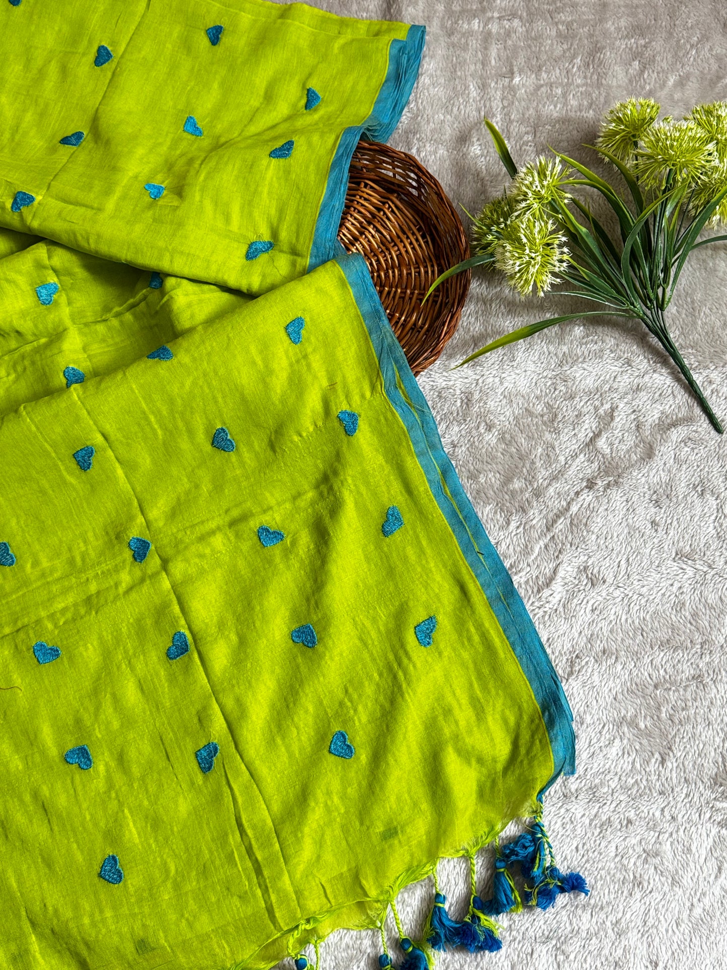 Lime Green Heart Embroidery Mul Cotton Saree
