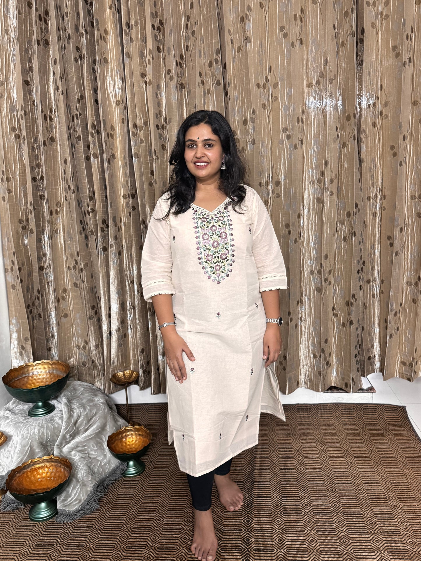Off White Khadi Cotton Embroidery Kurta