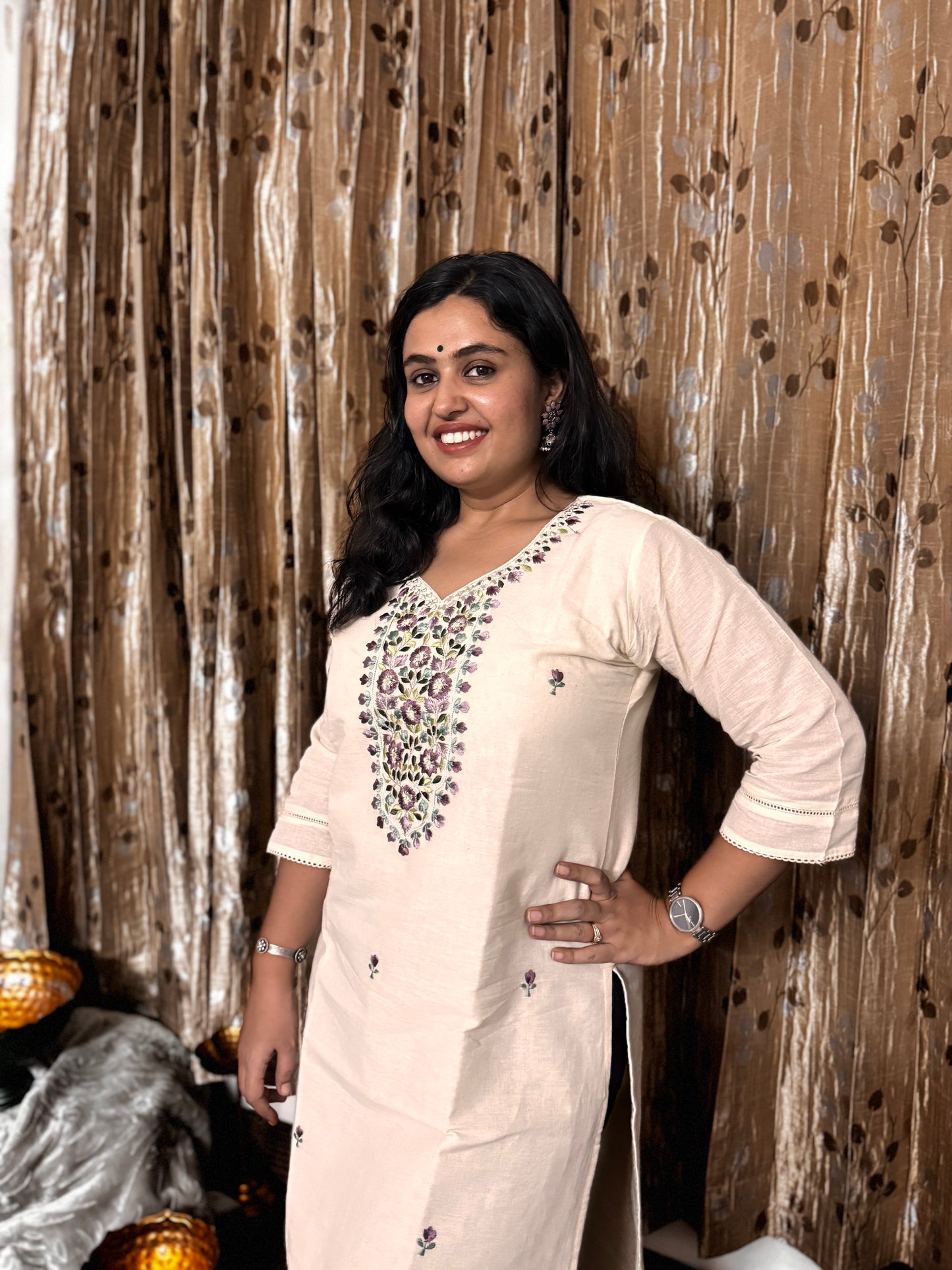Off White Khadi Cotton Embroidery Kurta