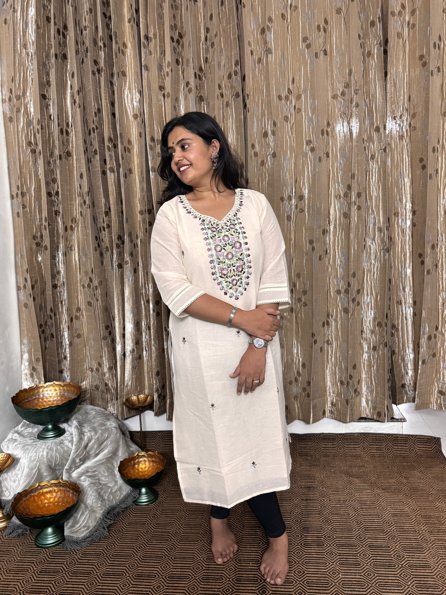 Off White Khadi Cotton Embroidery Kurta