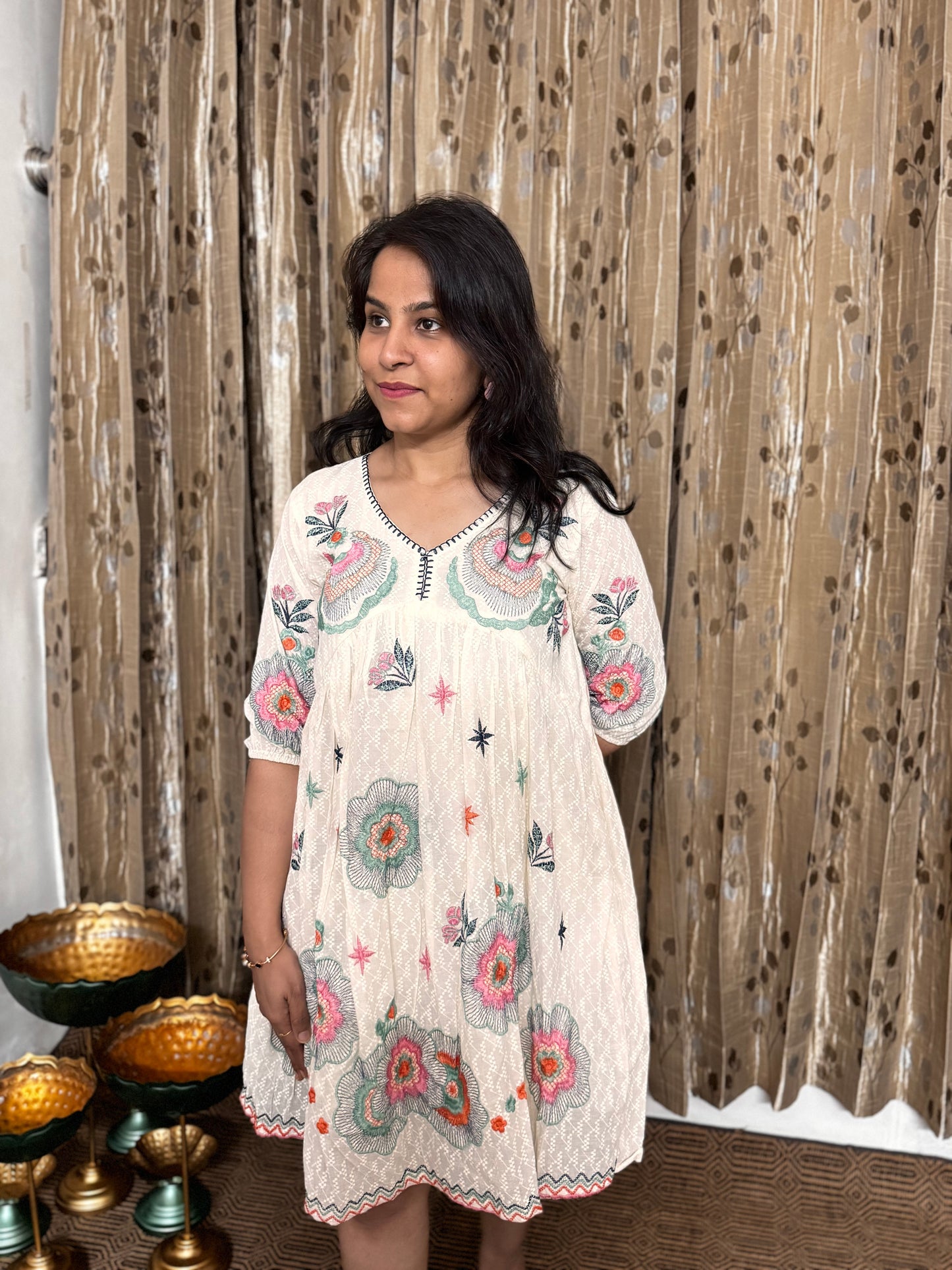 Off White Khadi Cotton Embroidery Short Frock