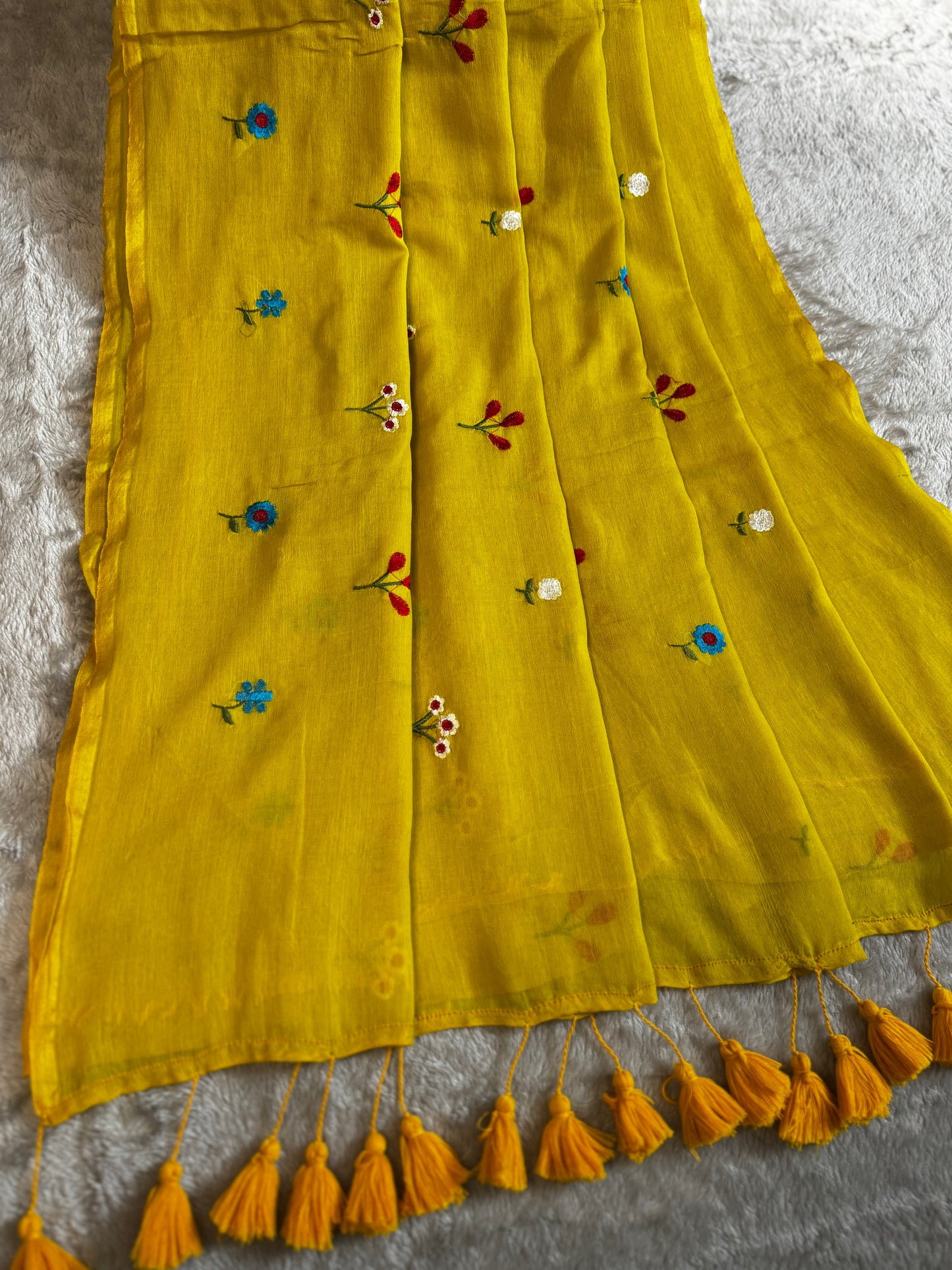 Mustard Flower Embroidery Mul Cotton Saree