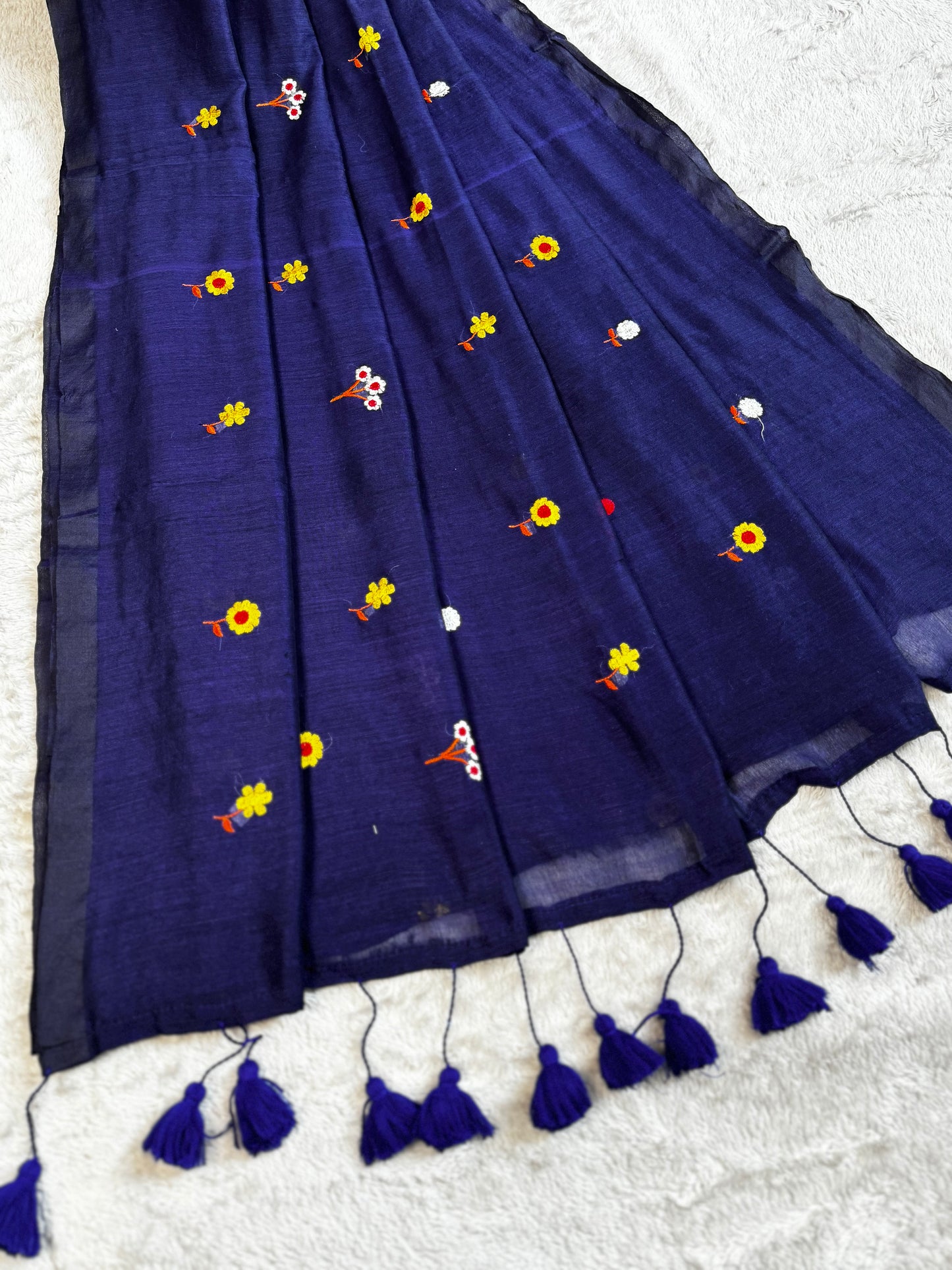 Blue Flower Embroidery Mul Cotton Saree