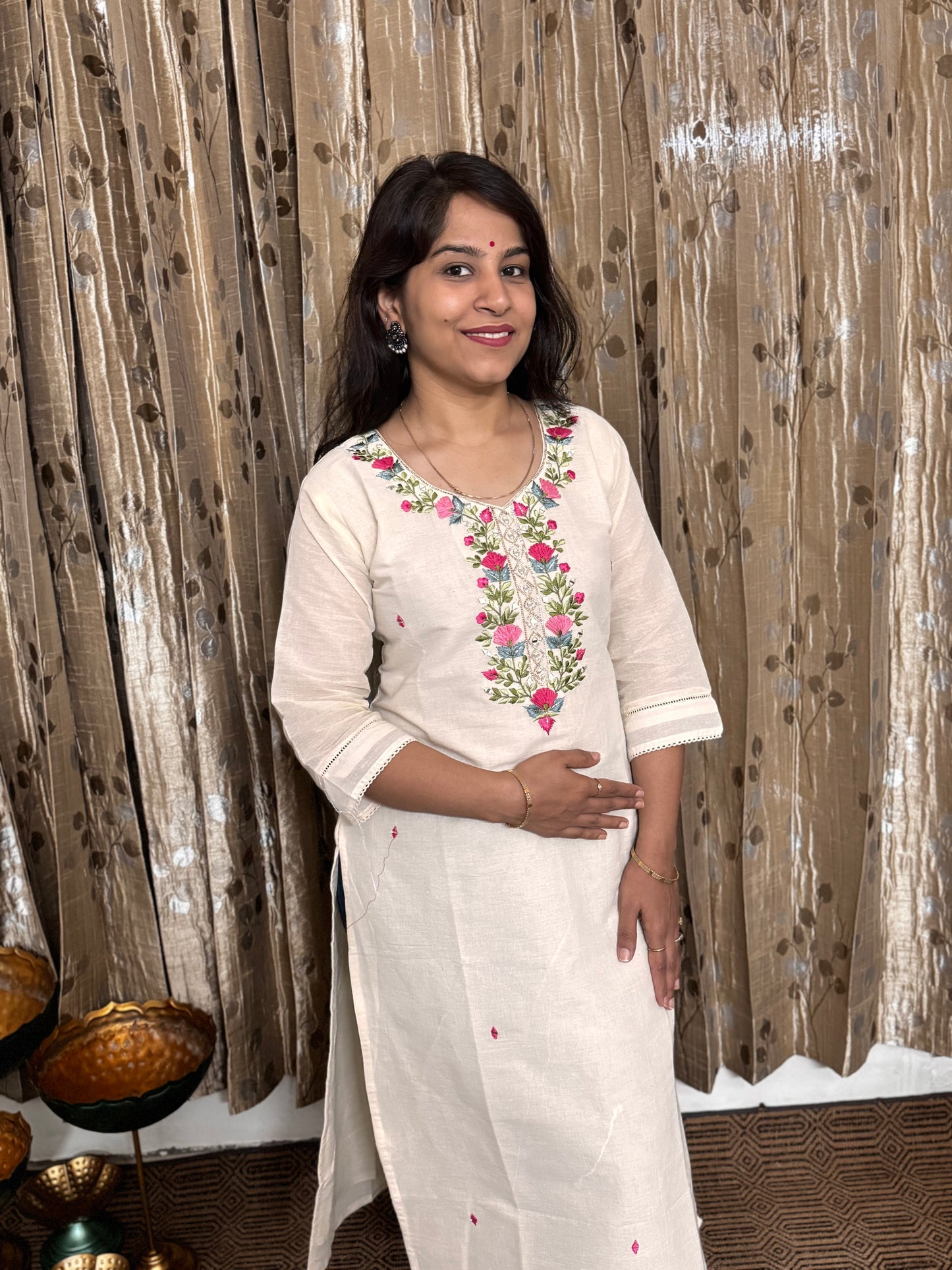 Off White Khadi Cotton Embroidery Kurta