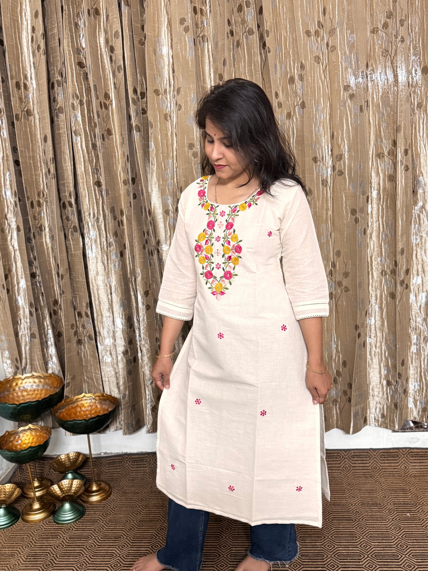 Off White Khadi Cotton Embroidery Kurta