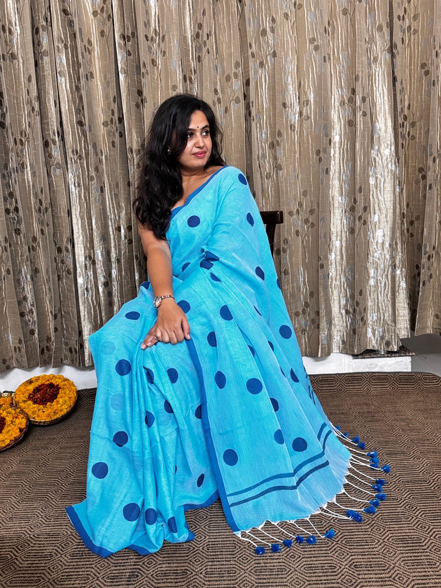 Polka Dot Blue Mul Cotton Saree