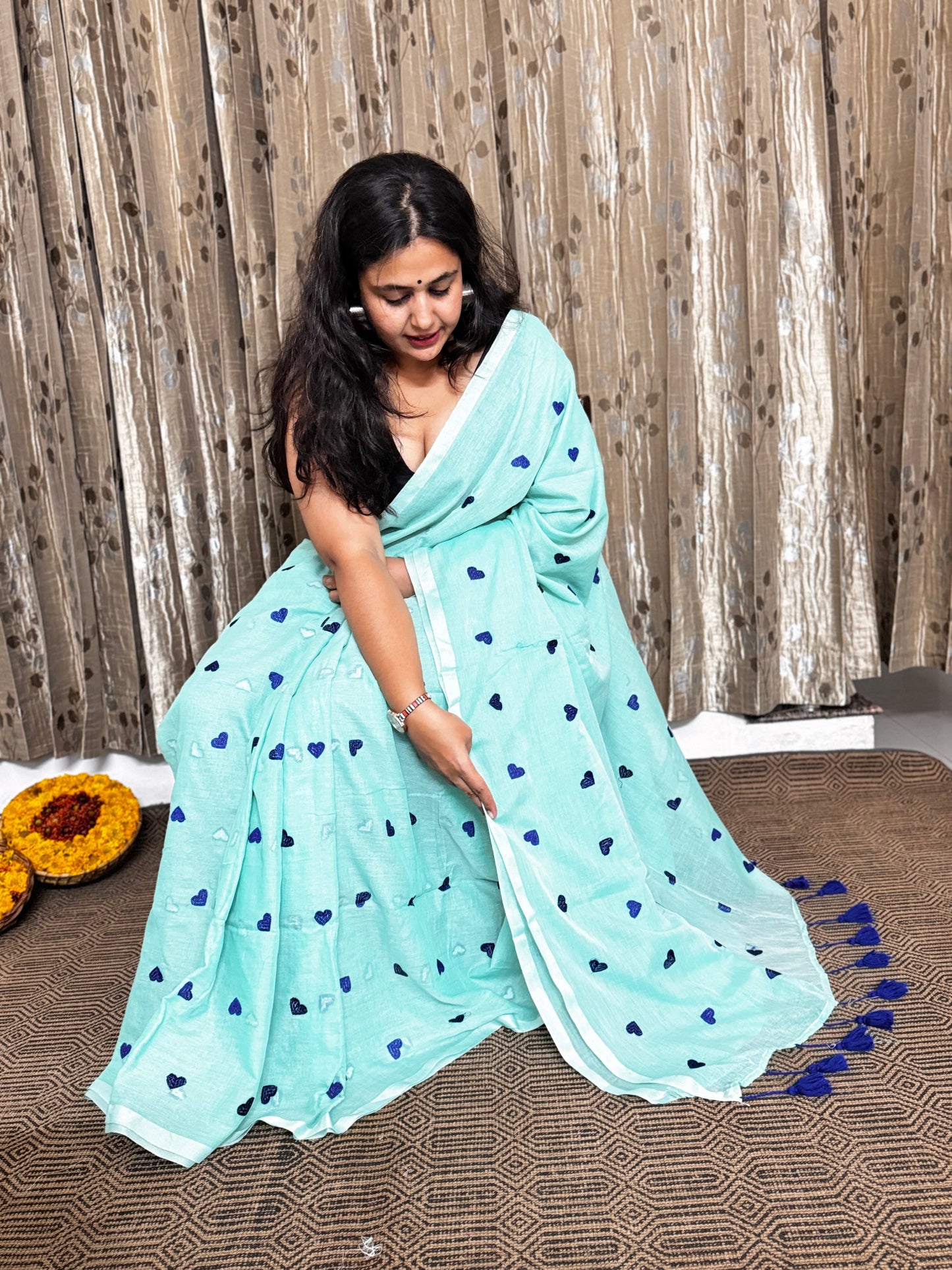 Sea Green Heart Embroidery Mul Cotton Saree