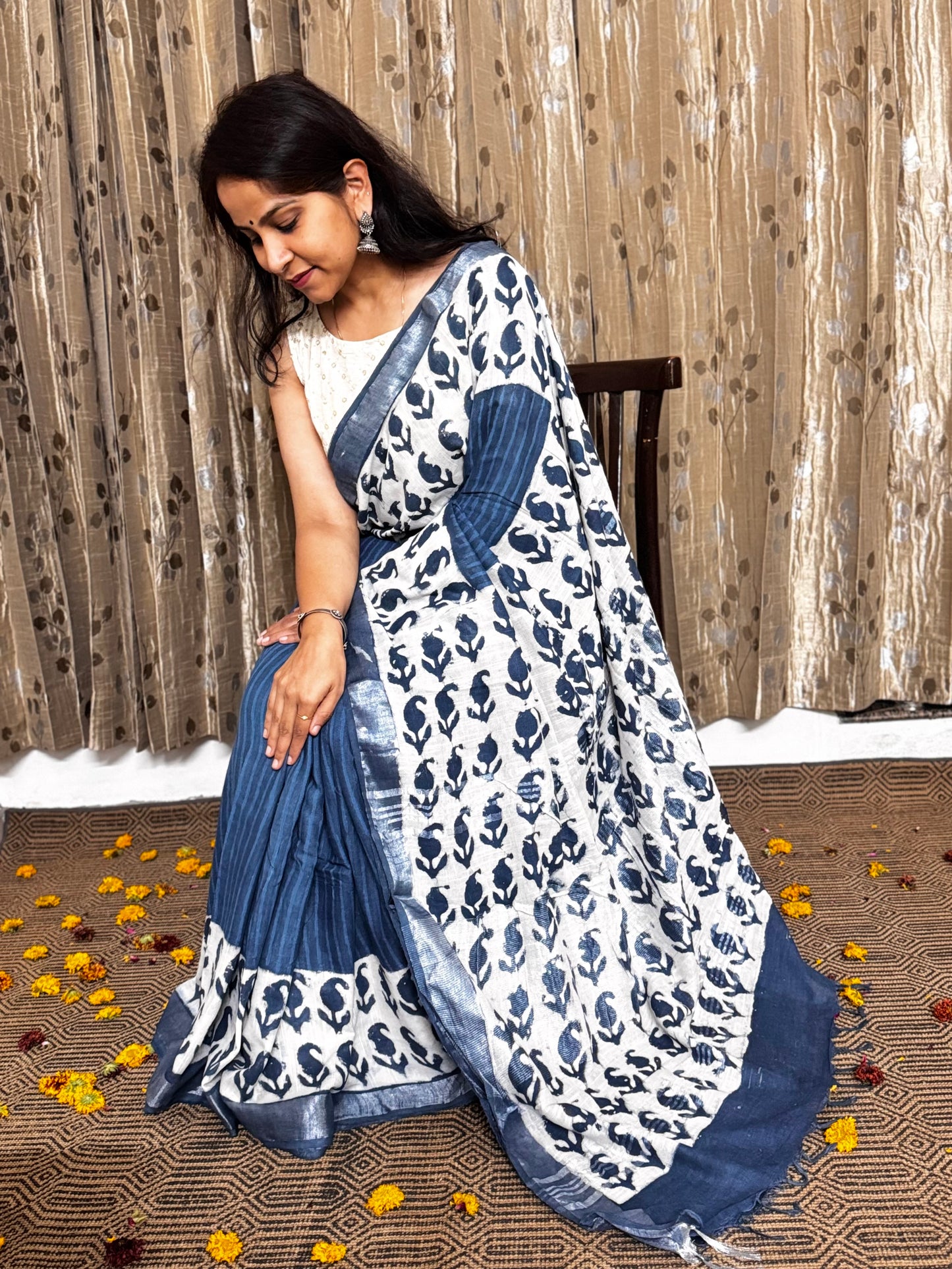 Indigo Linen Cotton Zari Saree