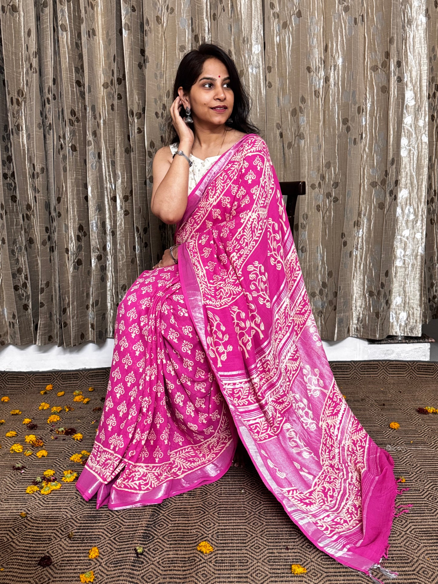 Pink Linen Cotton Zari Saree