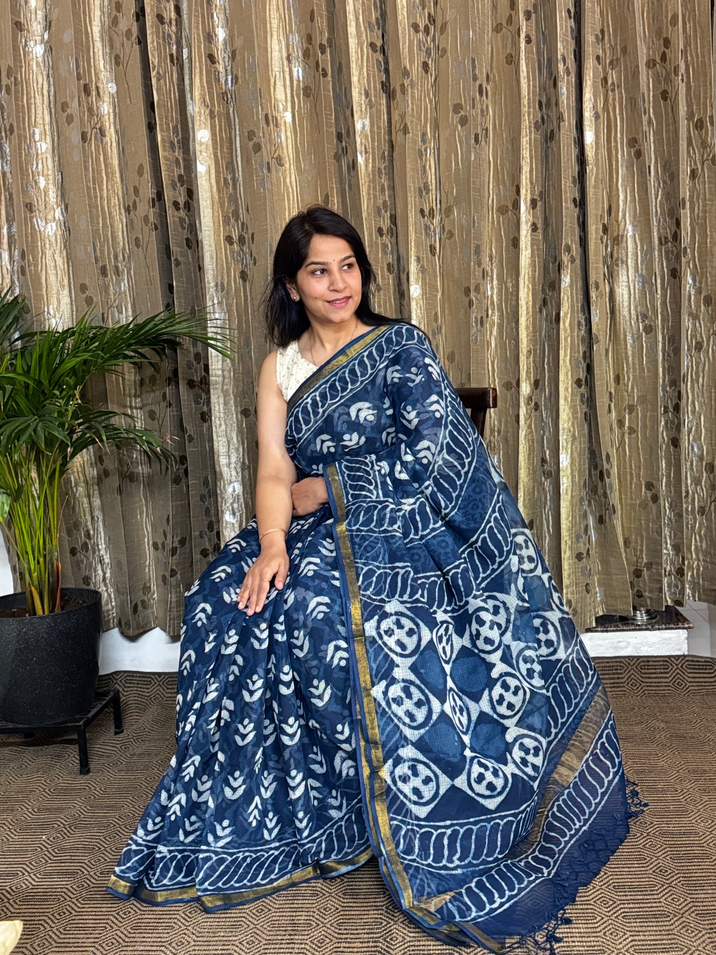 Indigo Block Printed Kota Doria saree