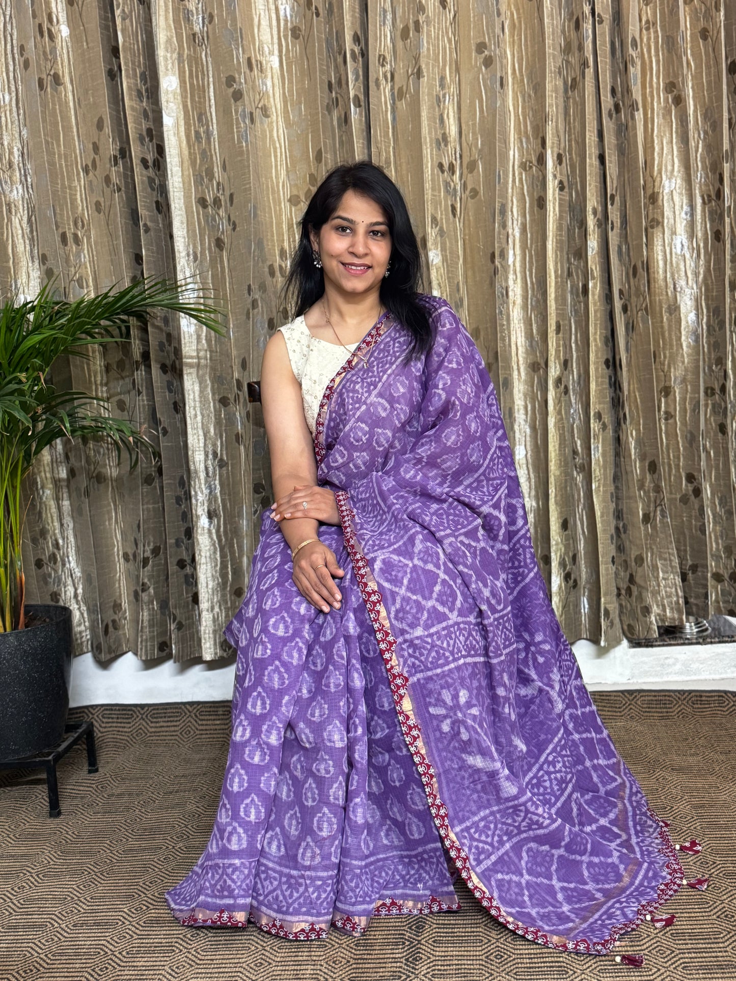 Lavender Block Printed Kota Doria saree