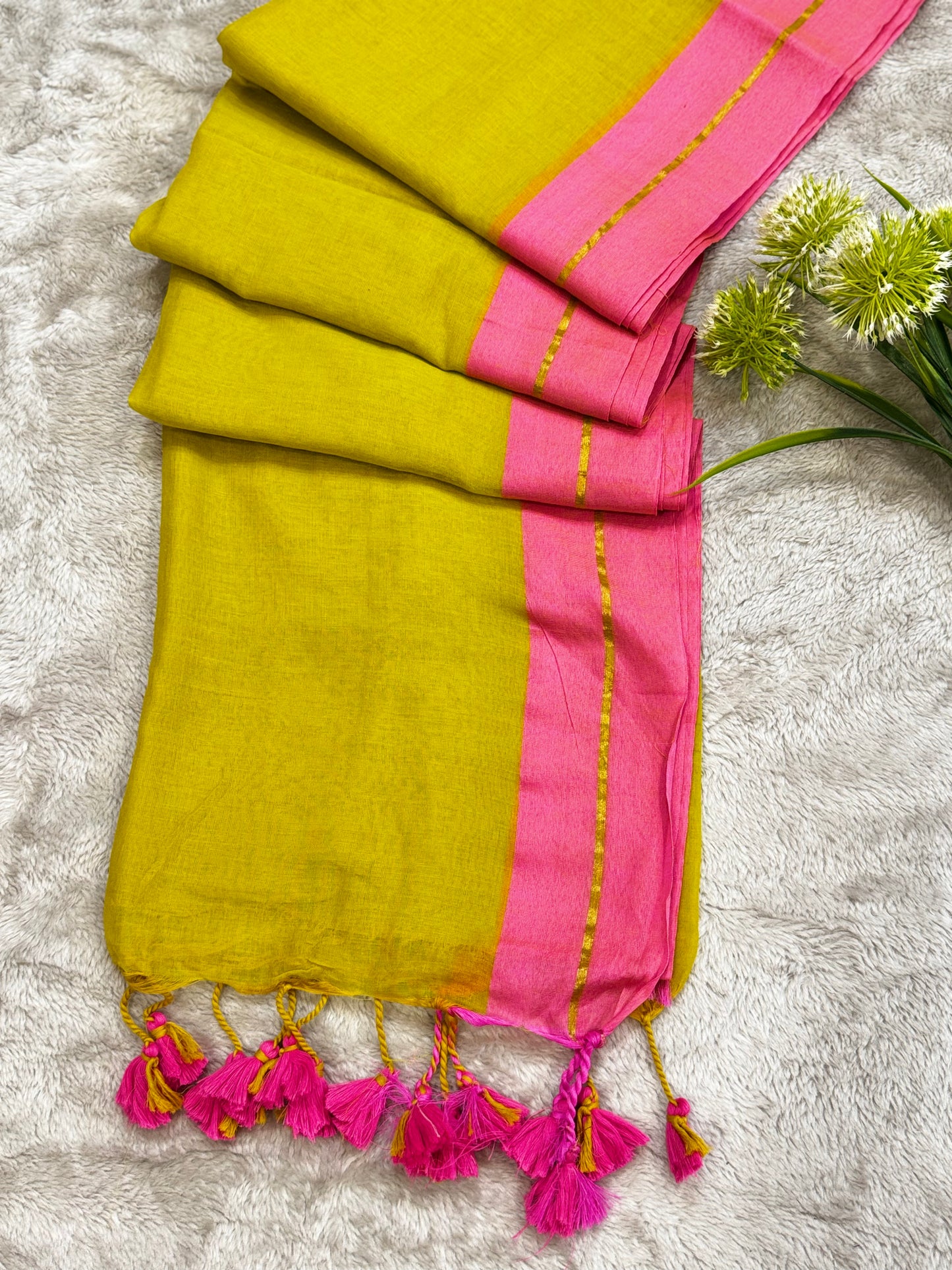 Lime Green Mul Cotton Saree