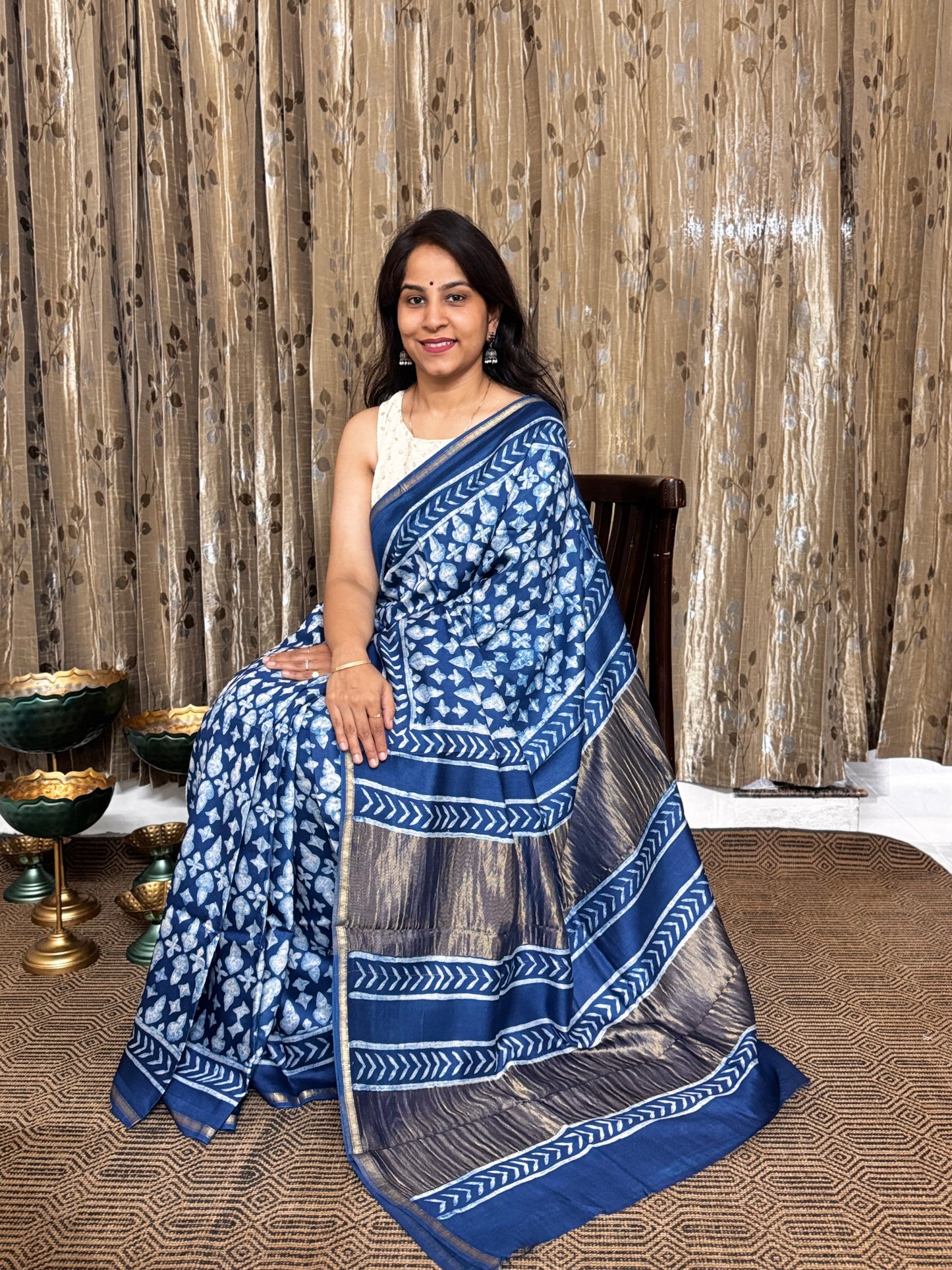 Indigo Maheshwari Silk Cotton Zari Saree