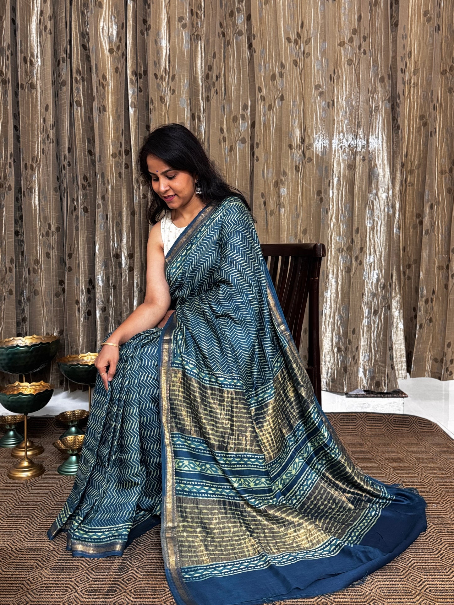 Blue-Green Maheshwari Silk Cotton Zari Saree