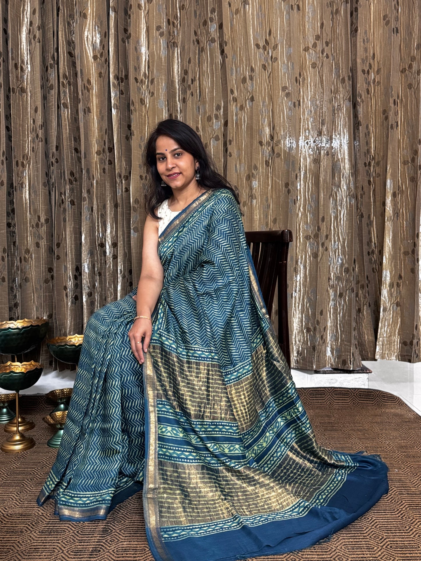 Blue-Green Maheshwari Silk Cotton Zari Saree