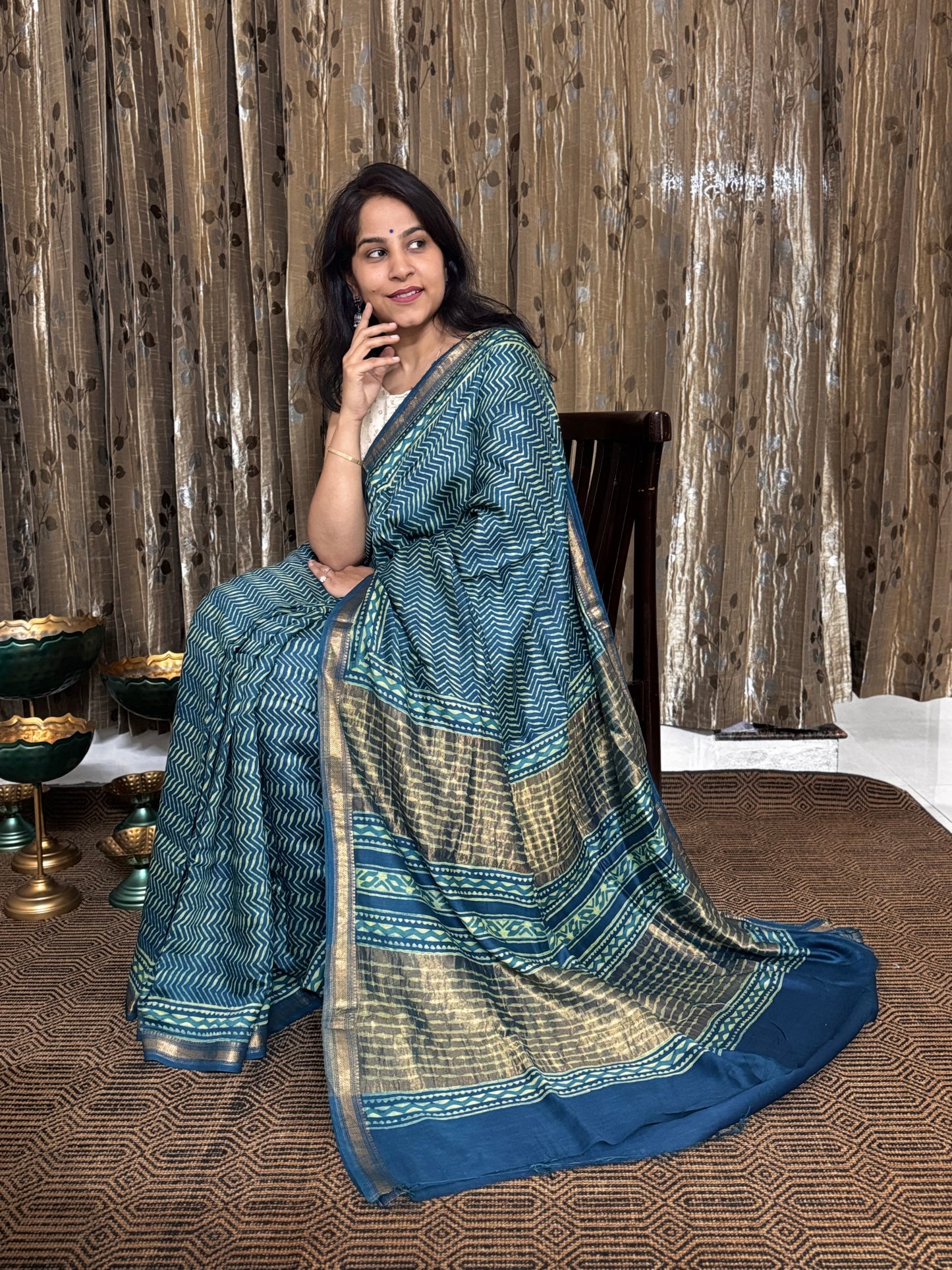 Blue-Green Maheshwari Silk Cotton Zari Saree