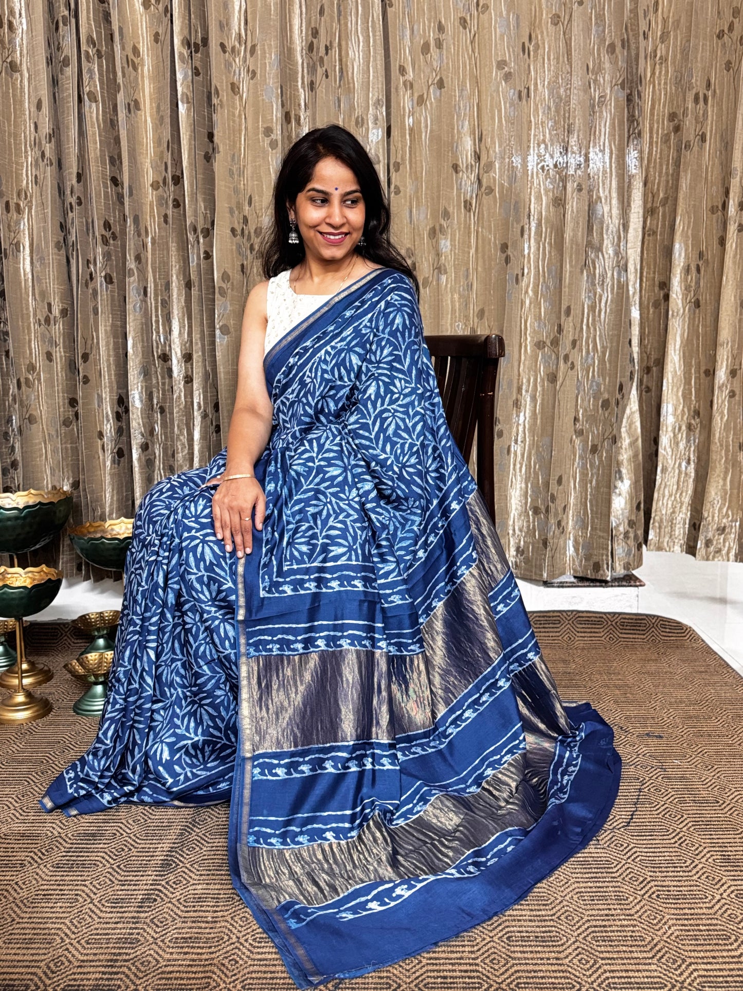 Blue Maheshwari Silk Cotton Zari Saree