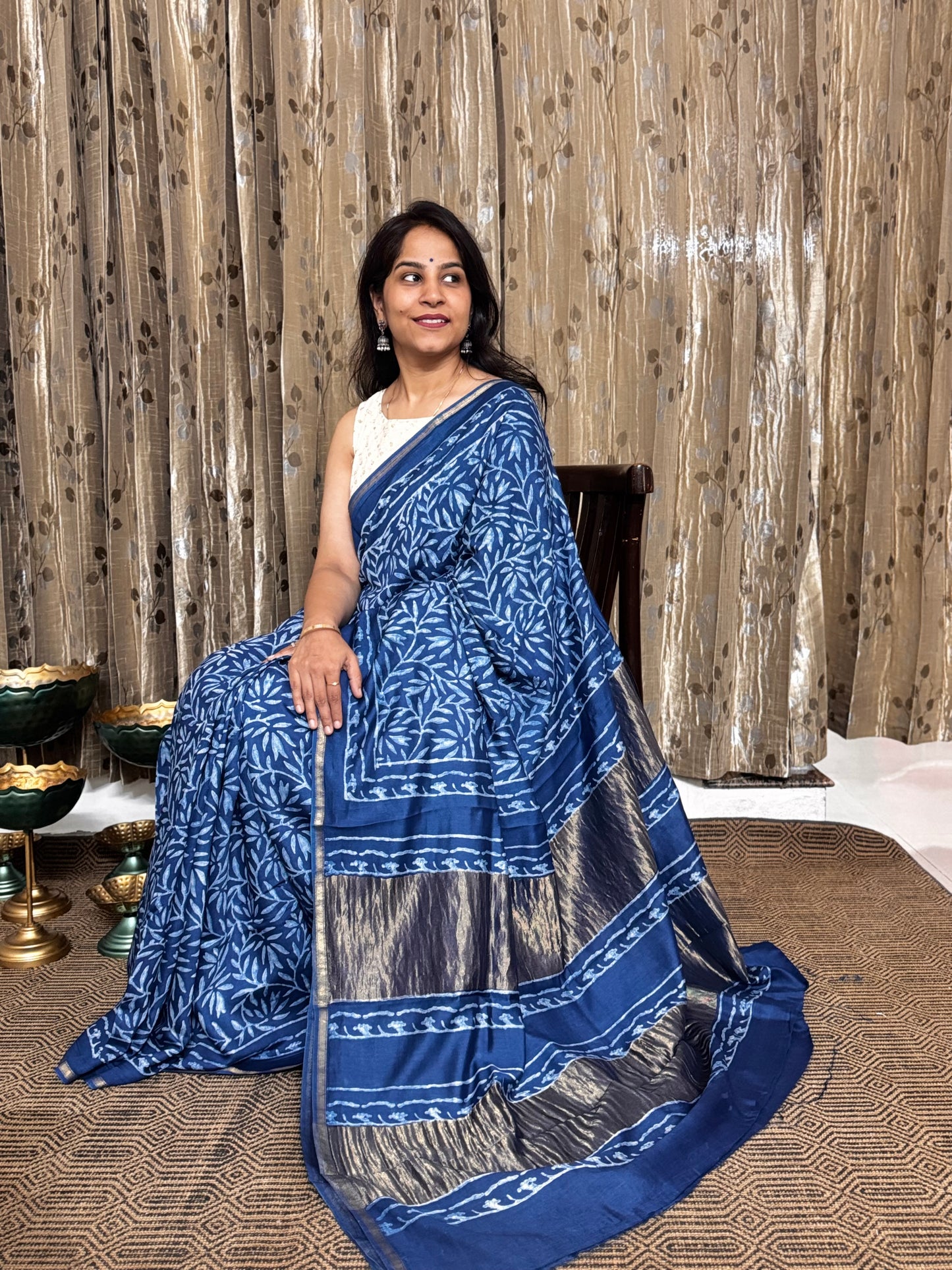 Blue Maheshwari Silk Cotton Zari Saree