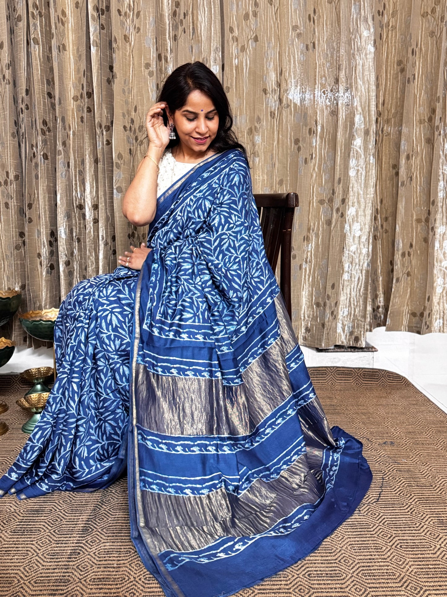 Blue Maheshwari Silk Cotton Zari Saree