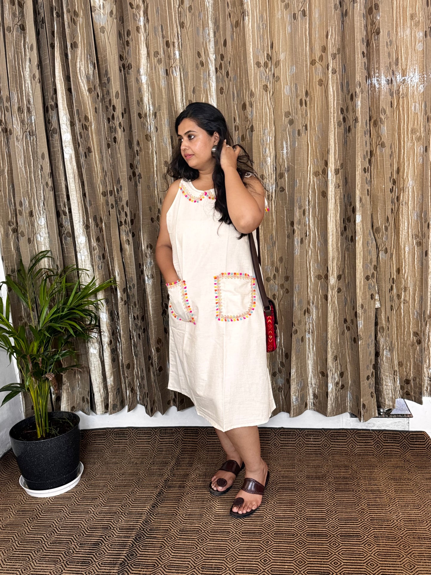 Off White Khadi Cotton Sleeveless Frock