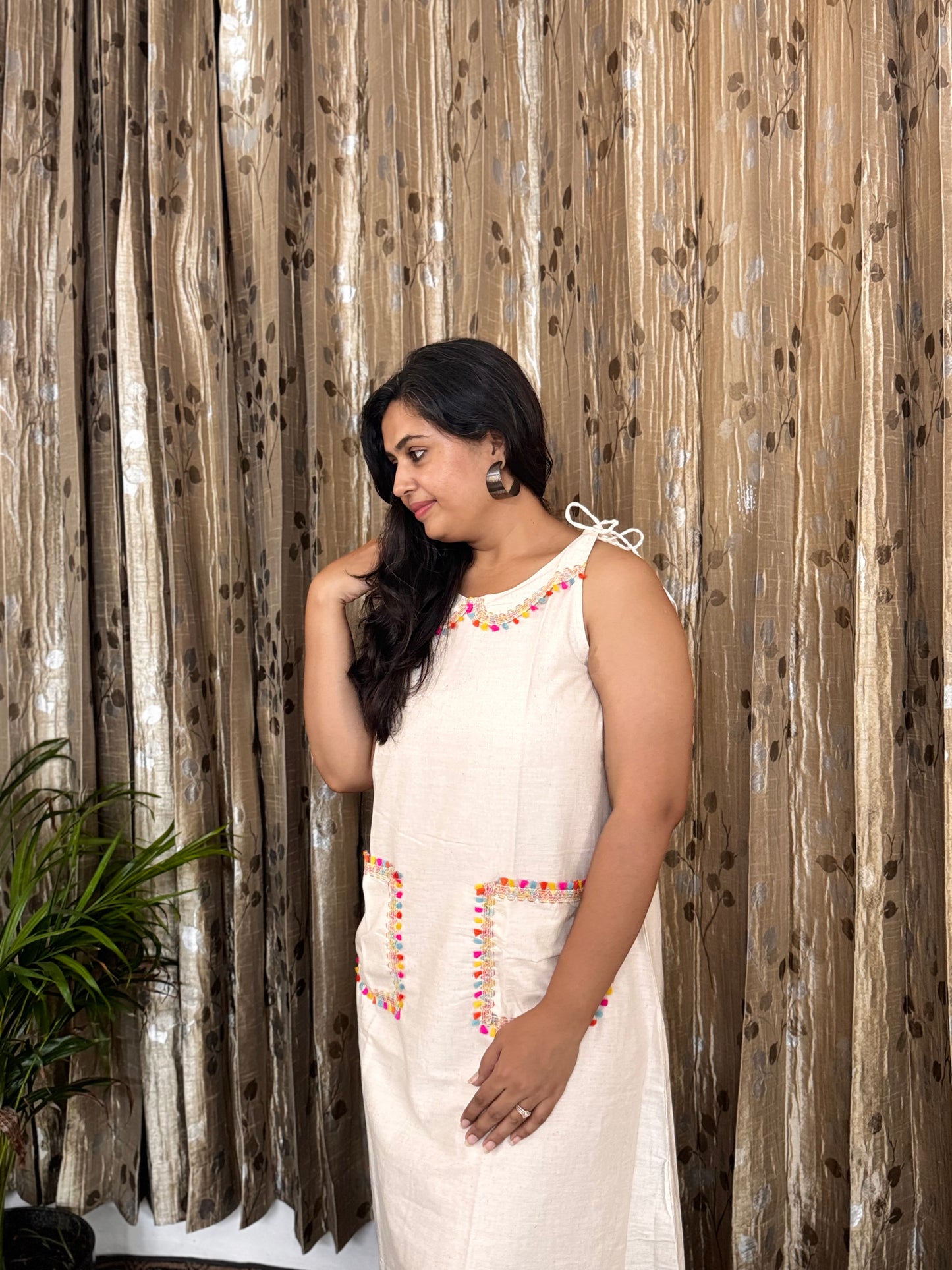Off White Khadi Cotton Sleeveless Frock