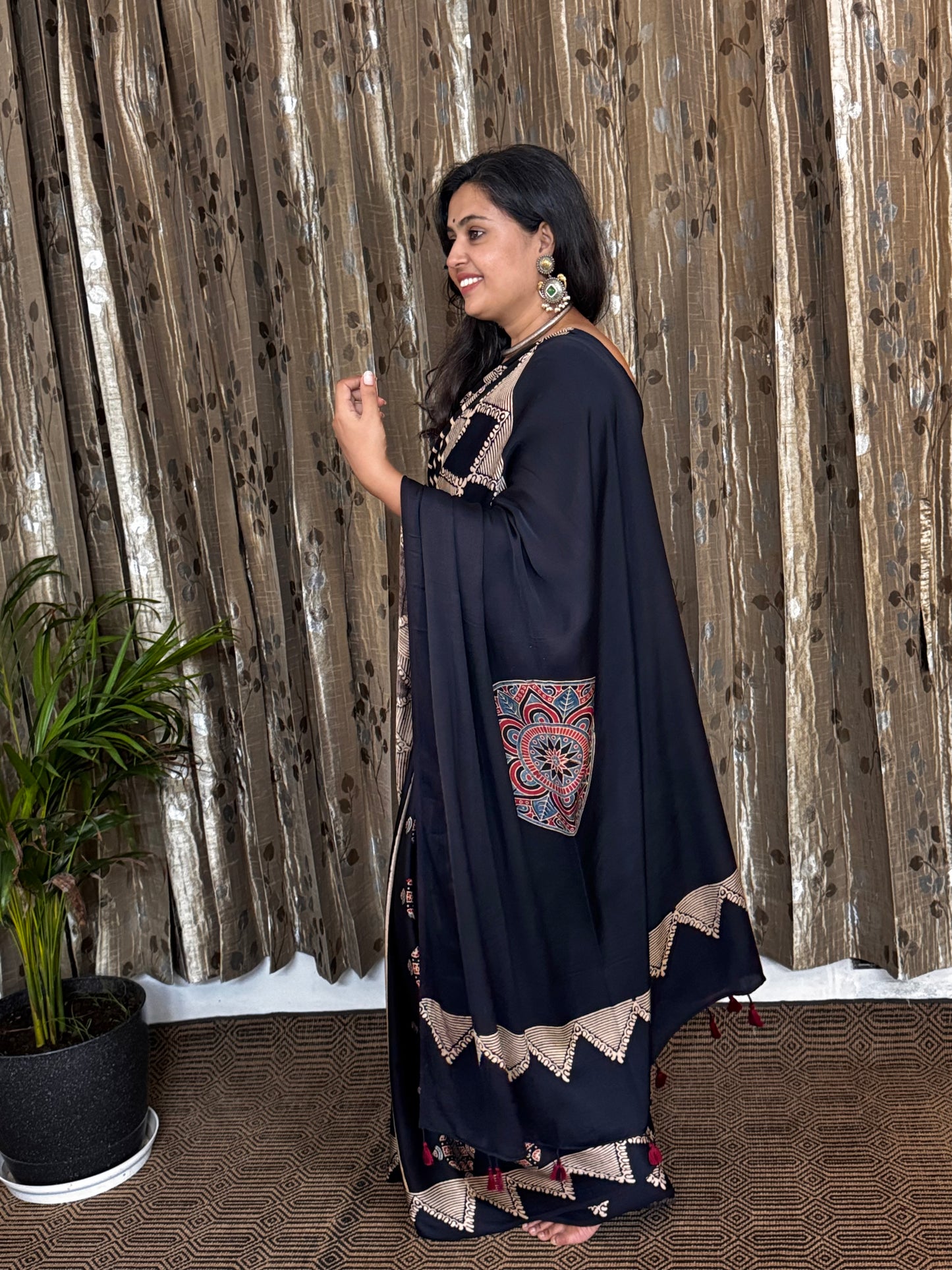 Black and Off White Hand Blockprint Ajrakh Modal Silk Saree - B
