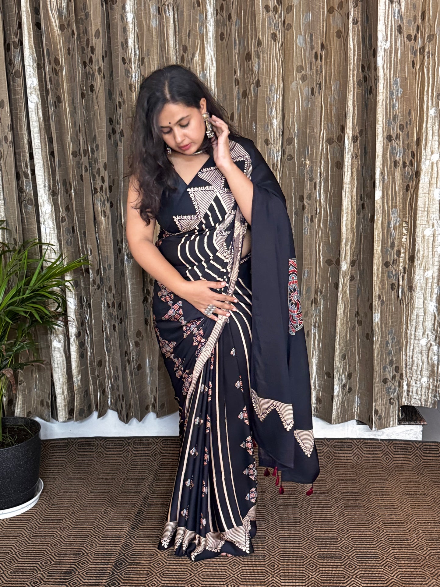 Black and Off White Hand Blockprint Ajrakh Modal Silk Saree - B
