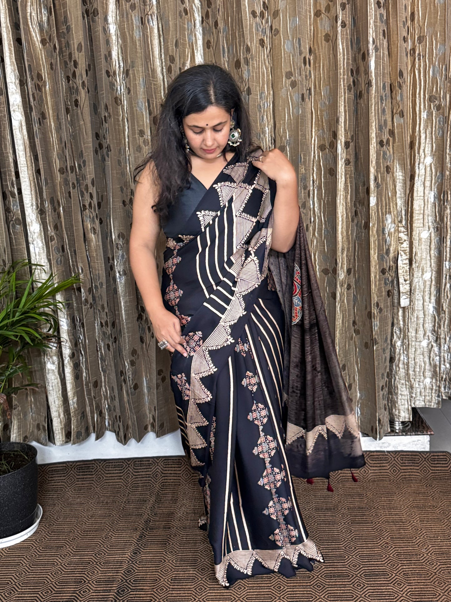 Black and Off White Hand Blockprint Ajrakh Modal Silk Saree - B