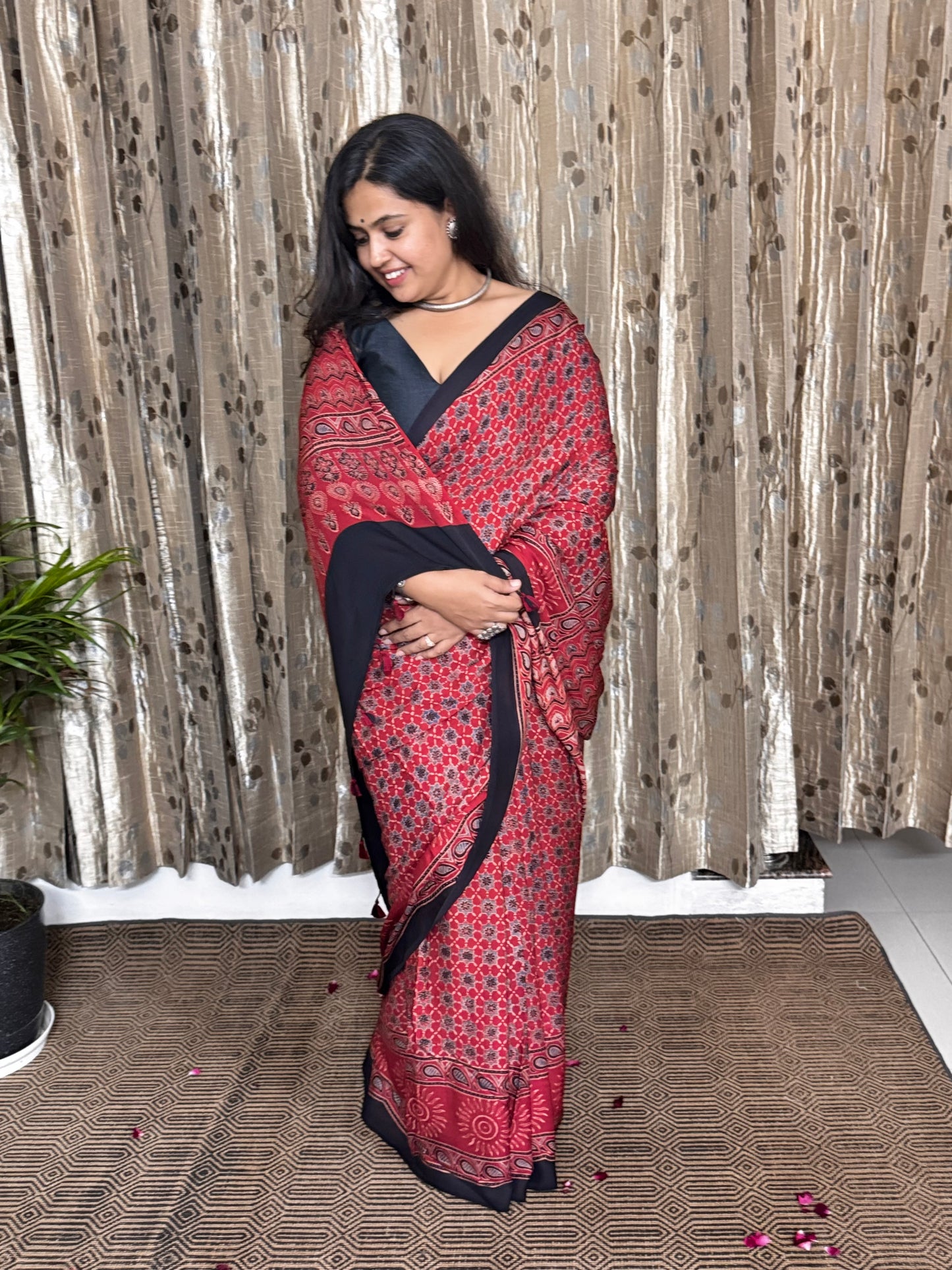 Red Hand Blockprint Ajrakh Modal Silk Saree - B