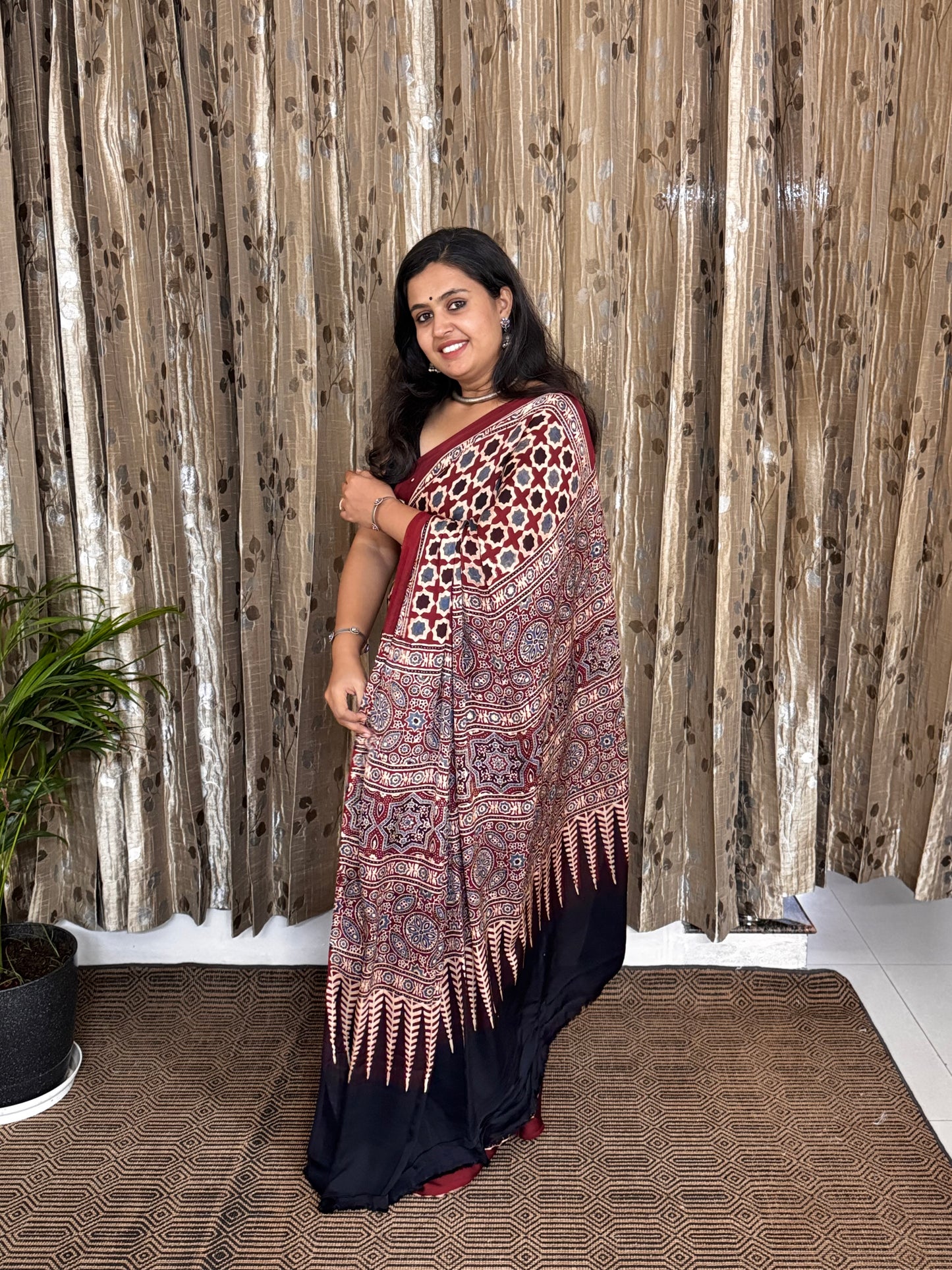 Maroon Hand Blockprint Ajrakh Modal Silk Saree