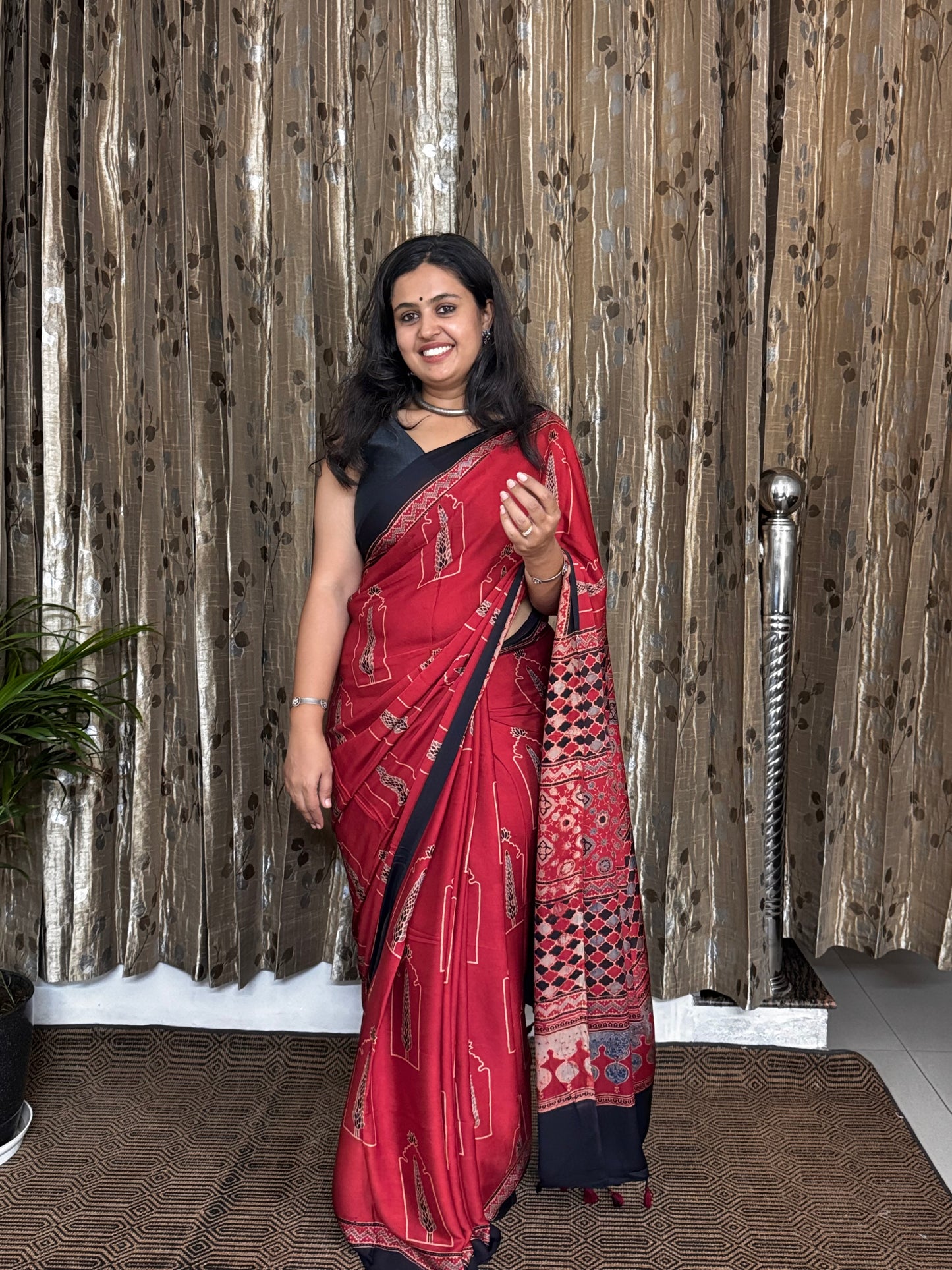 Red and black Hand Blockprint Ajrakh Modal Silk Saree
