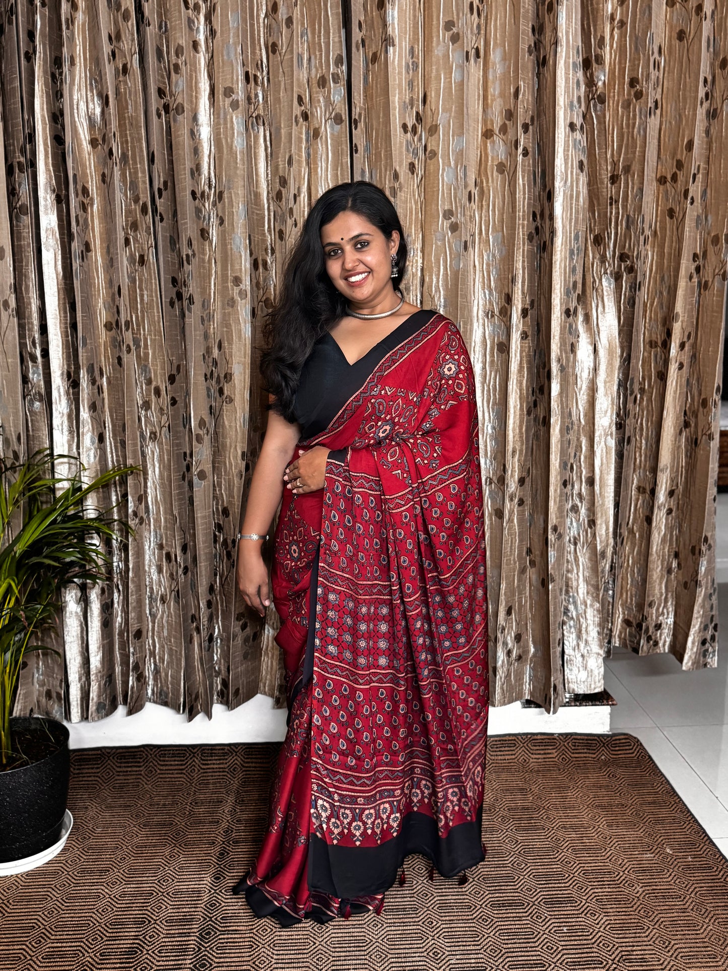 Red and black Hand Blockprint Ajrakh Modal Silk Saree