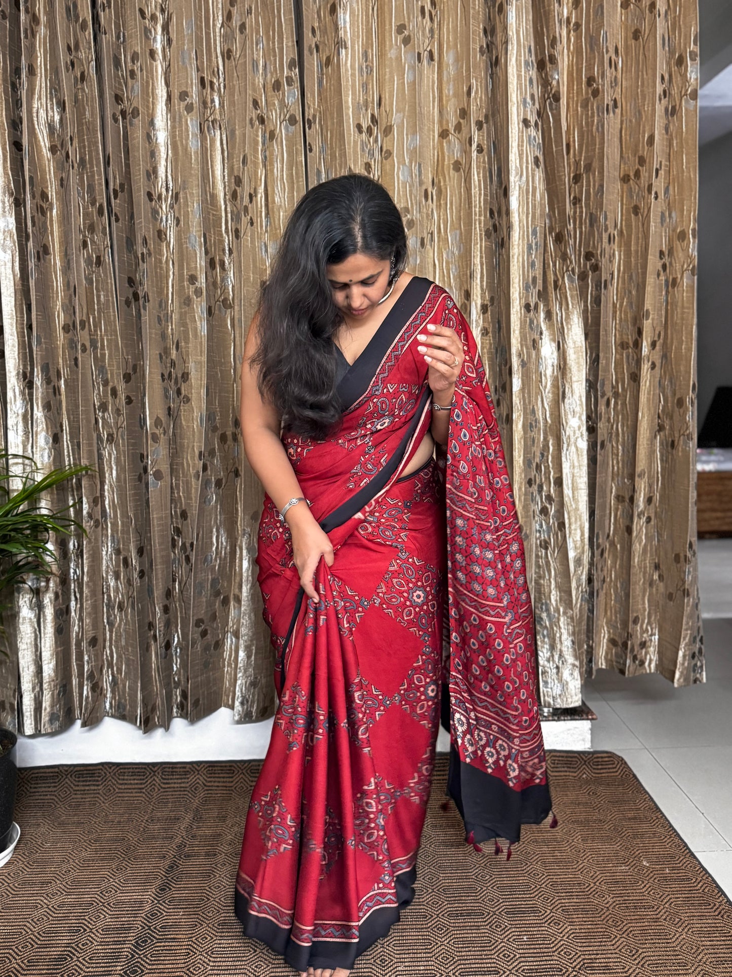 Red and black Hand Blockprint Ajrakh Modal Silk Saree