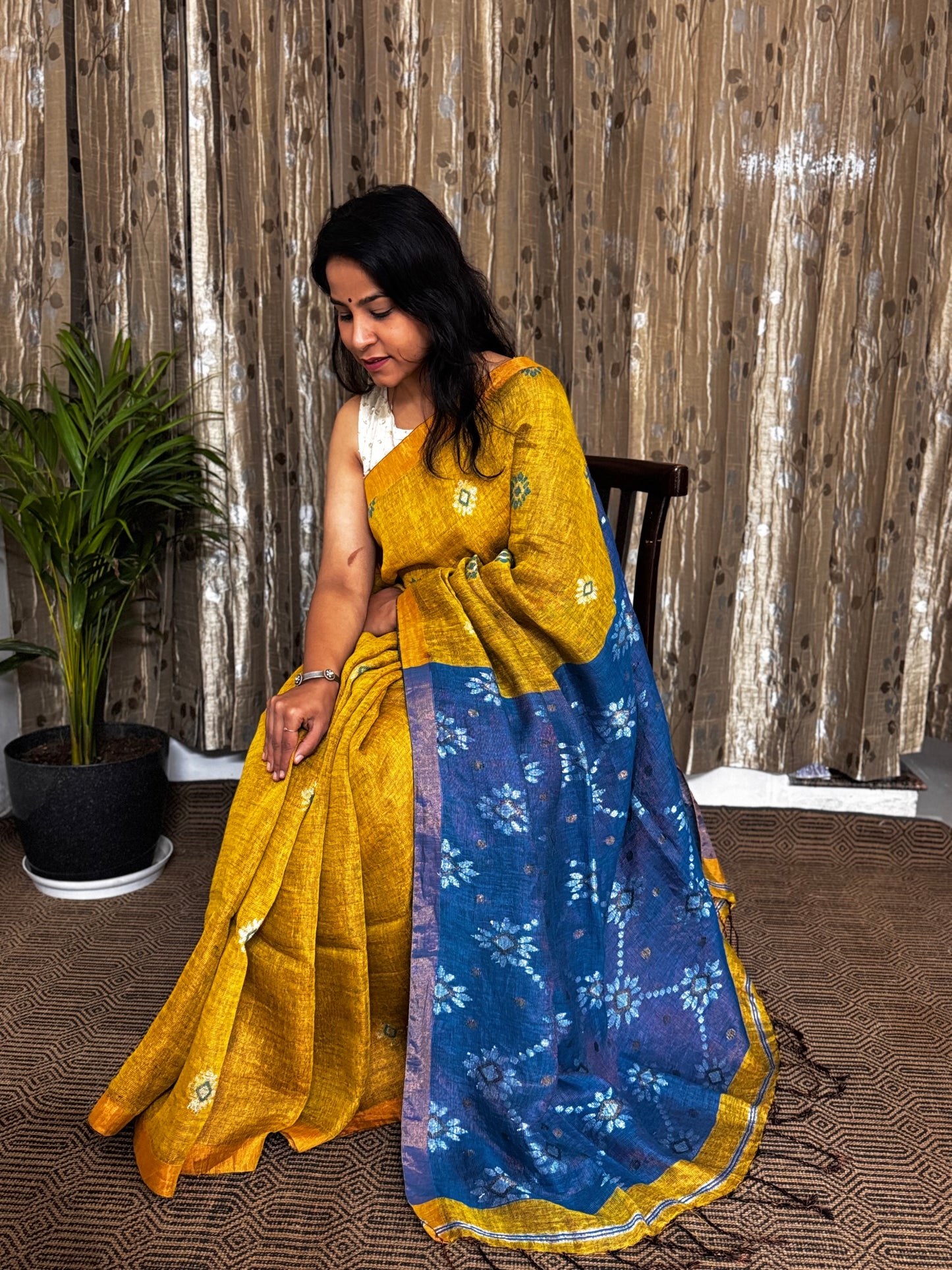 Mustard Blue Linen Zari Jamdani Saree