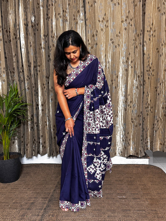 Blue Applique Patchwork Mul Cotton Tagai Ajrakh Saree