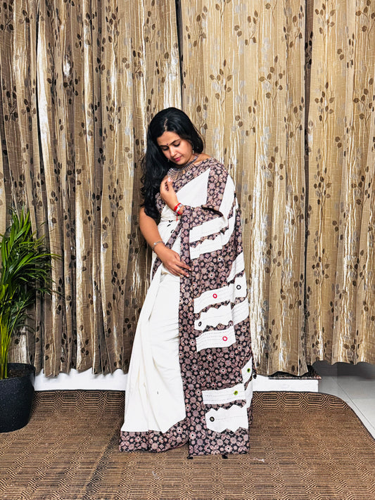 White Applique Patchwork Mul Cotton Tagai Ajrakh Saree