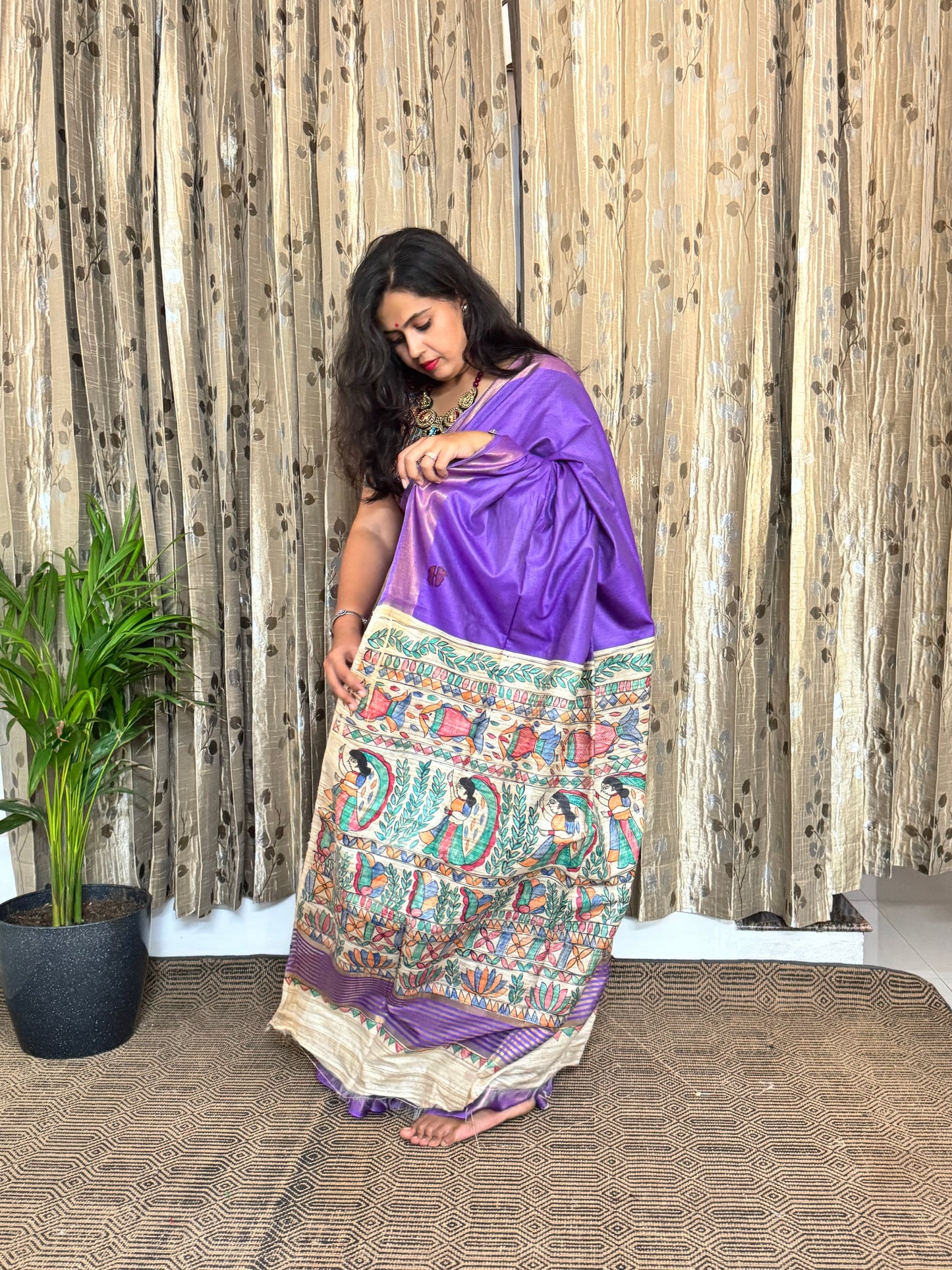 Purple Pure Tussar Moonga Silk Madhubani Handpainted Saree