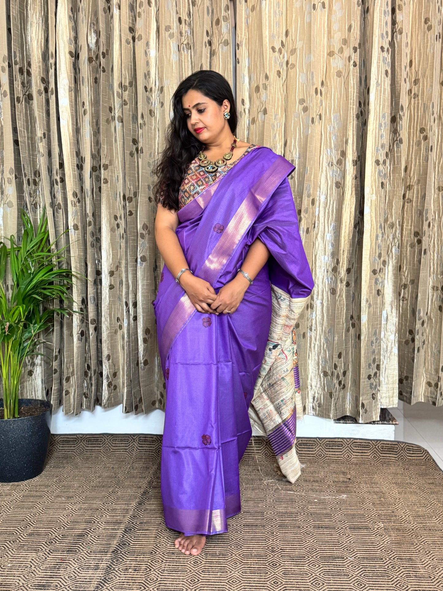 Purple Pure Tussar Moonga Silk Madhubani Handpainted Saree